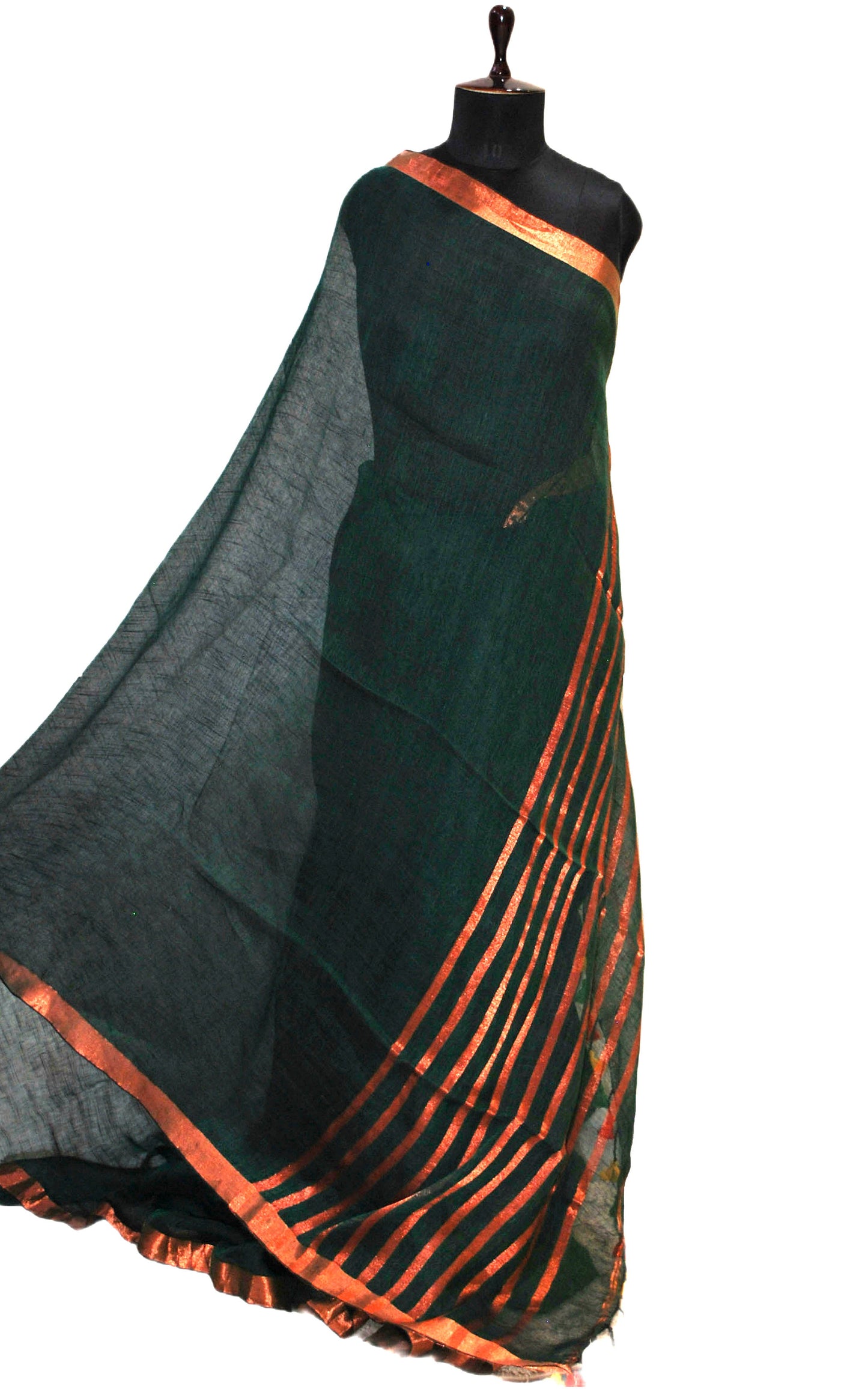 Smart Linen Saree with Stripe Pallu in Bottle Green and Copper Zari