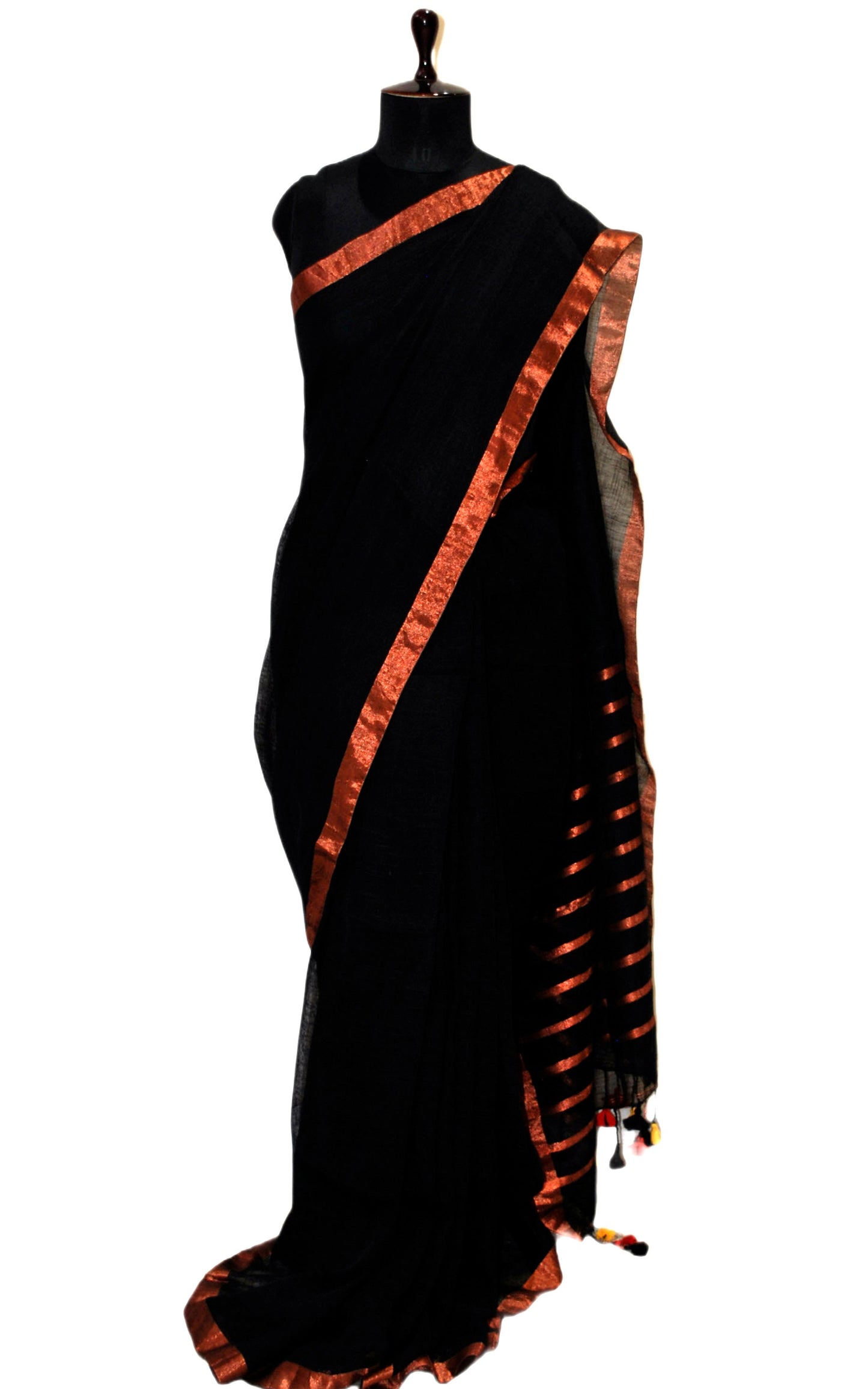 Smart Linen Saree with Stripe Pallu in Black and Copper Zari