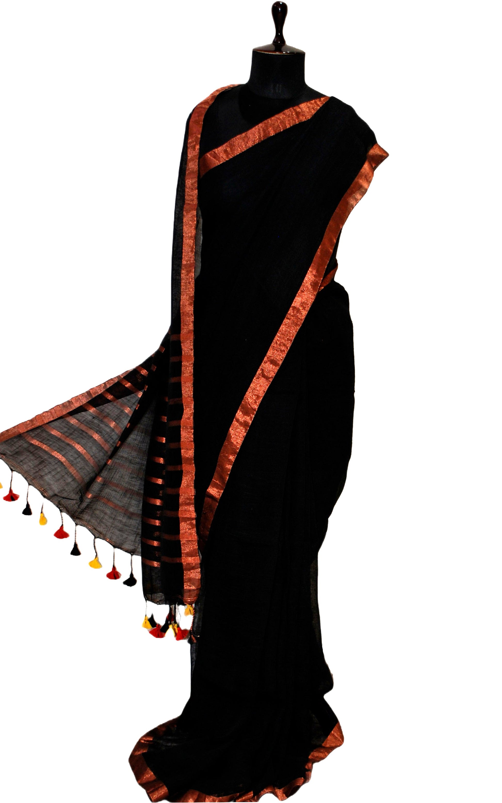 Smart Linen Saree with Stripe Pallu in Black and Copper Zari