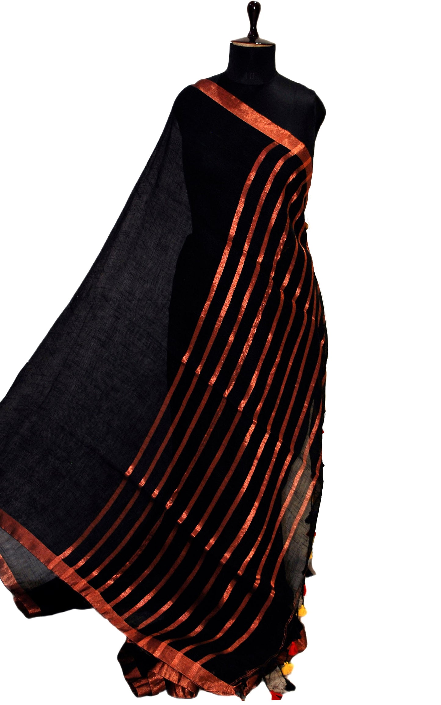 Smart Linen Saree with Stripe Pallu in Black and Copper Zari