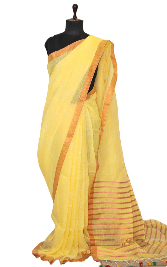 Smart Linen Saree with Stripe Pallu in Pastel Yellow, Off White and Copper Zari