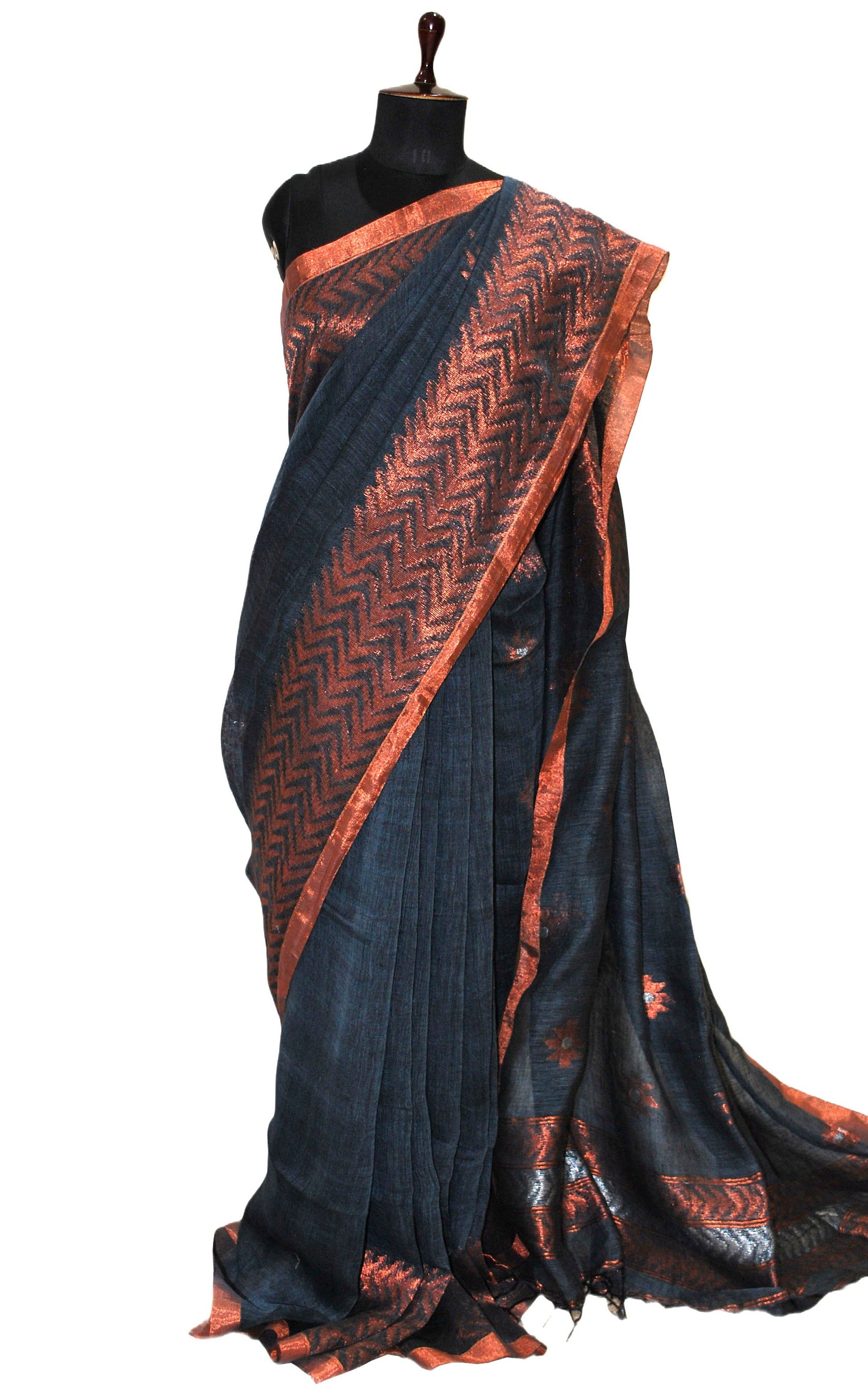 Sona Rupa Handwoven Linen Kanchipuram Saree in Anchor Grey, Copper and Silver Zari Work