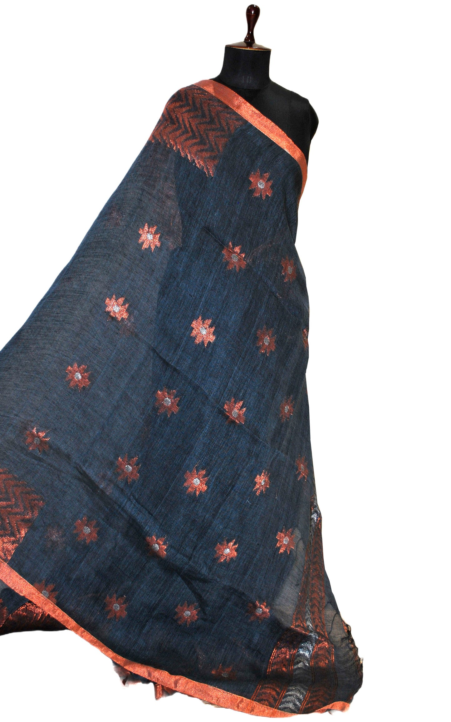 Sona Rupa Handwoven Linen Kanchipuram Saree in Anchor Grey, Copper and Silver Zari Work