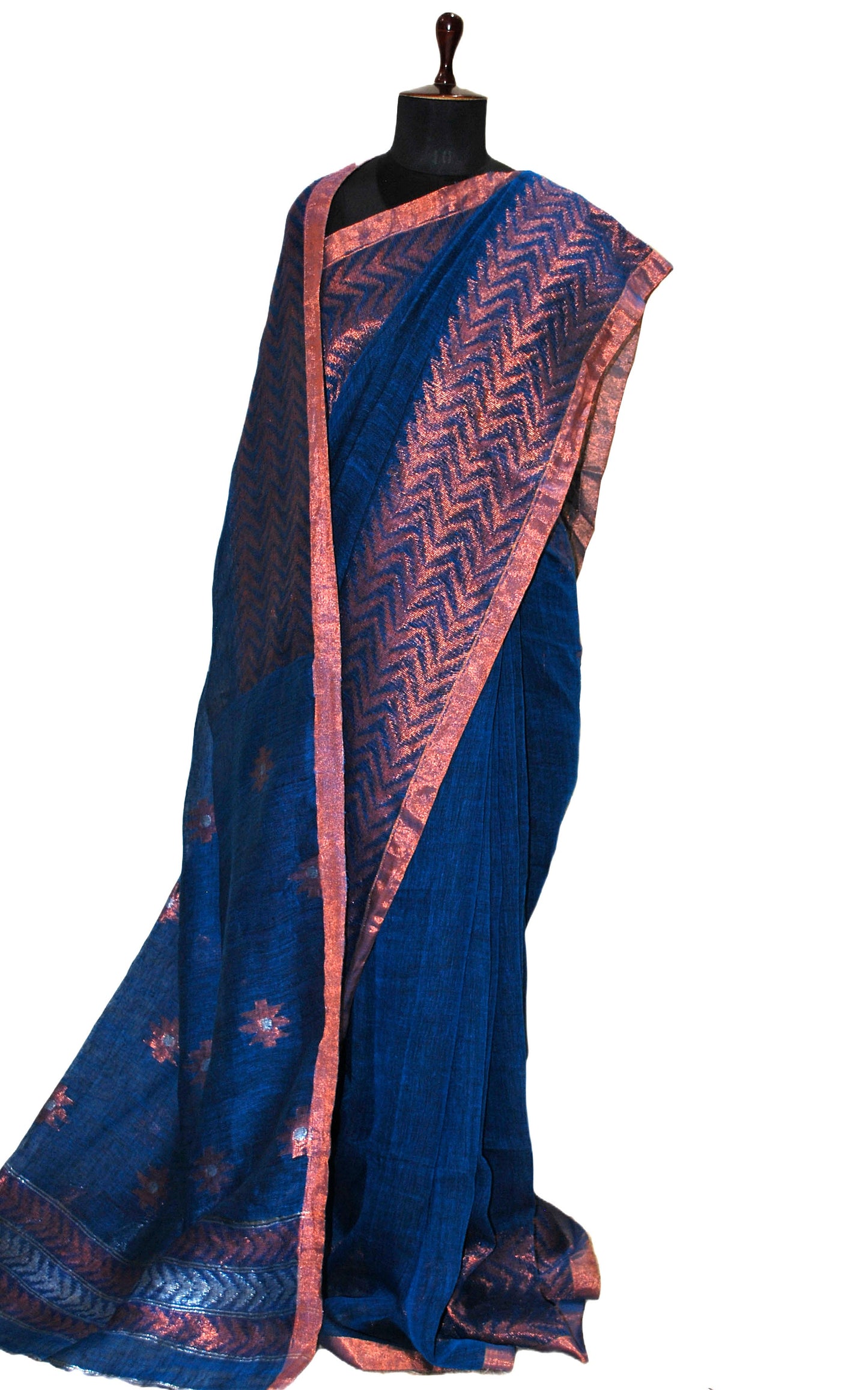 Sona Rupa Handwoven Linen Kanchipuram Saree in Denim Blue, Copper and Silver Zari Work