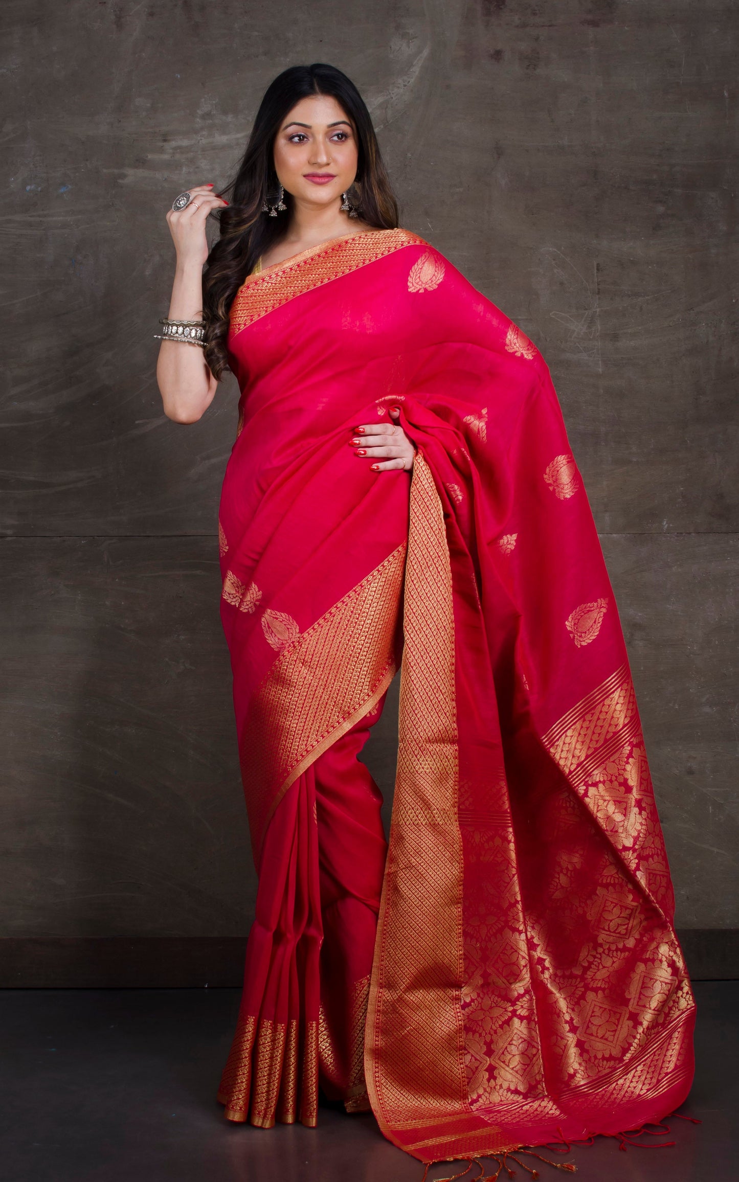 Cotton Linen Banarasi Saree in Hot Pink and Gold