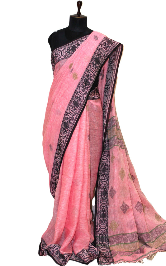 Exquisite Thread Nakshi Work Jacket Border Linen Jamdani Saree in English Pink, Black and Fern Green