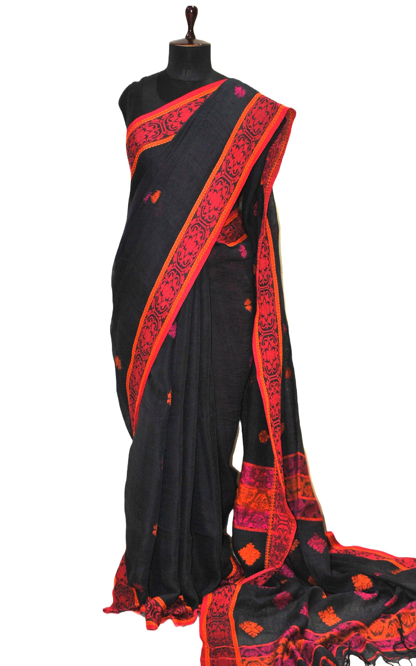 Exquisite Thread Nakshi Work Jacket Border Linen Jamdani Saree in Pebble Grey, Hot Pink and Orange