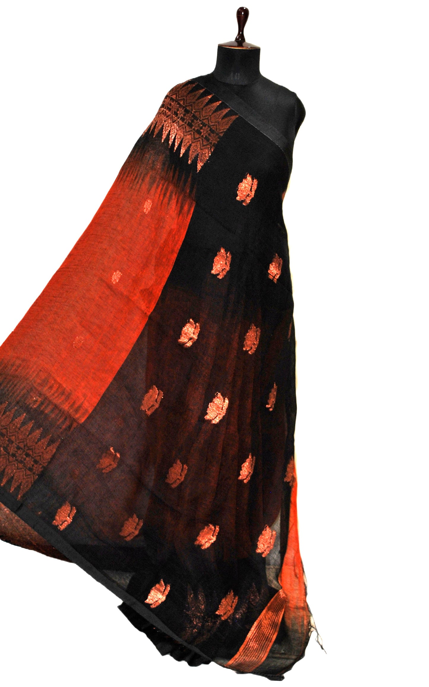 Dual Shaded Handwoven Linen Kanchipuram Saree in Dark Orange, Black and Copper