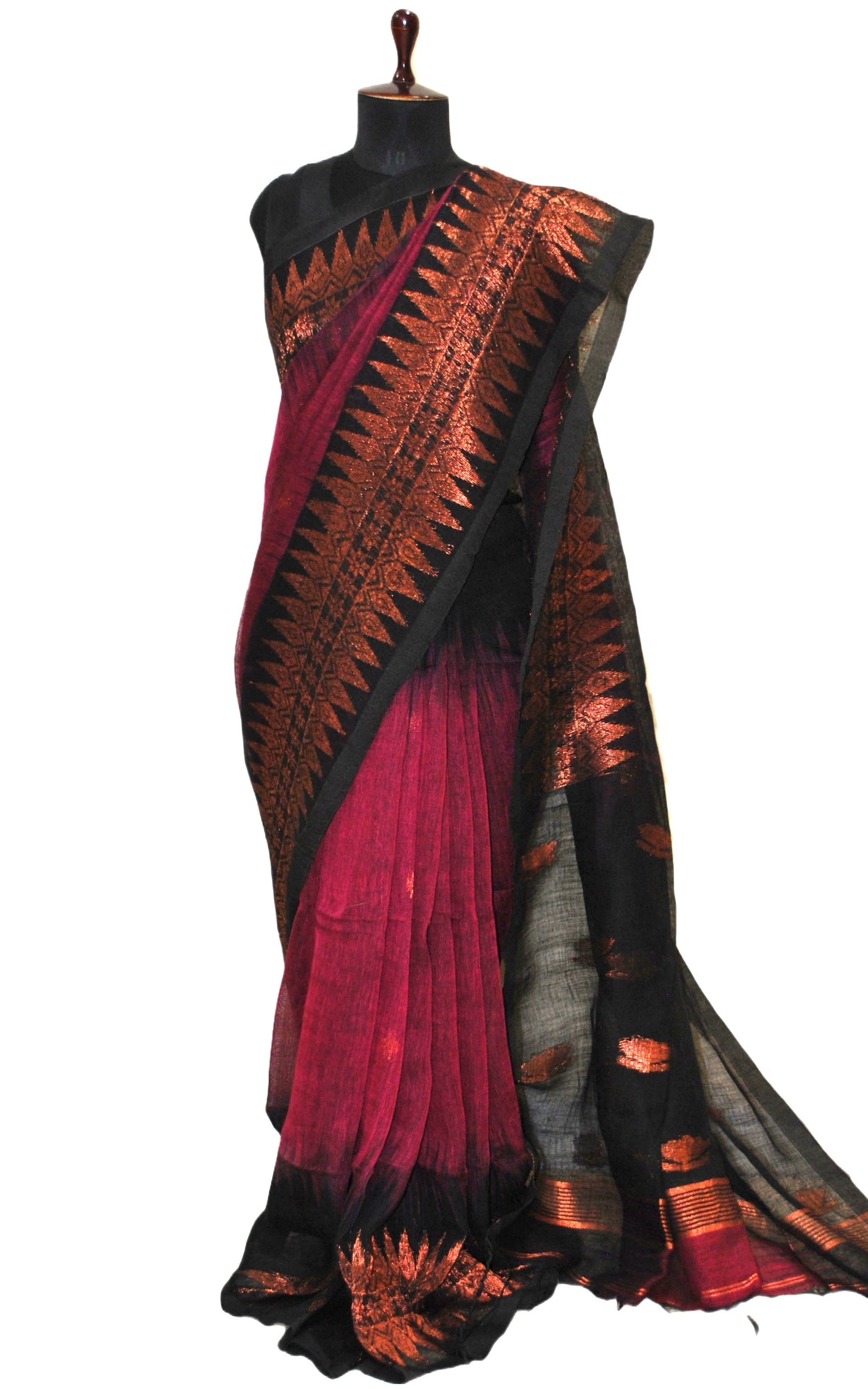 Dual Shaded Handwoven Linen Kanchipuram Saree in Hot Pink, Black and Copper