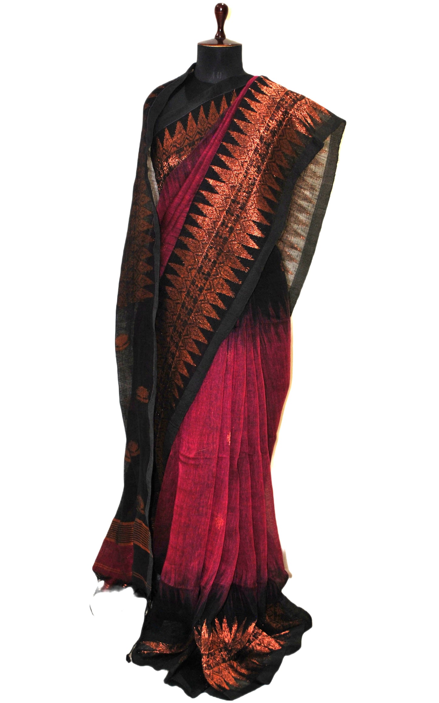 Dual Shaded Handwoven Linen Kanchipuram Saree in Hot Pink, Black and Copper