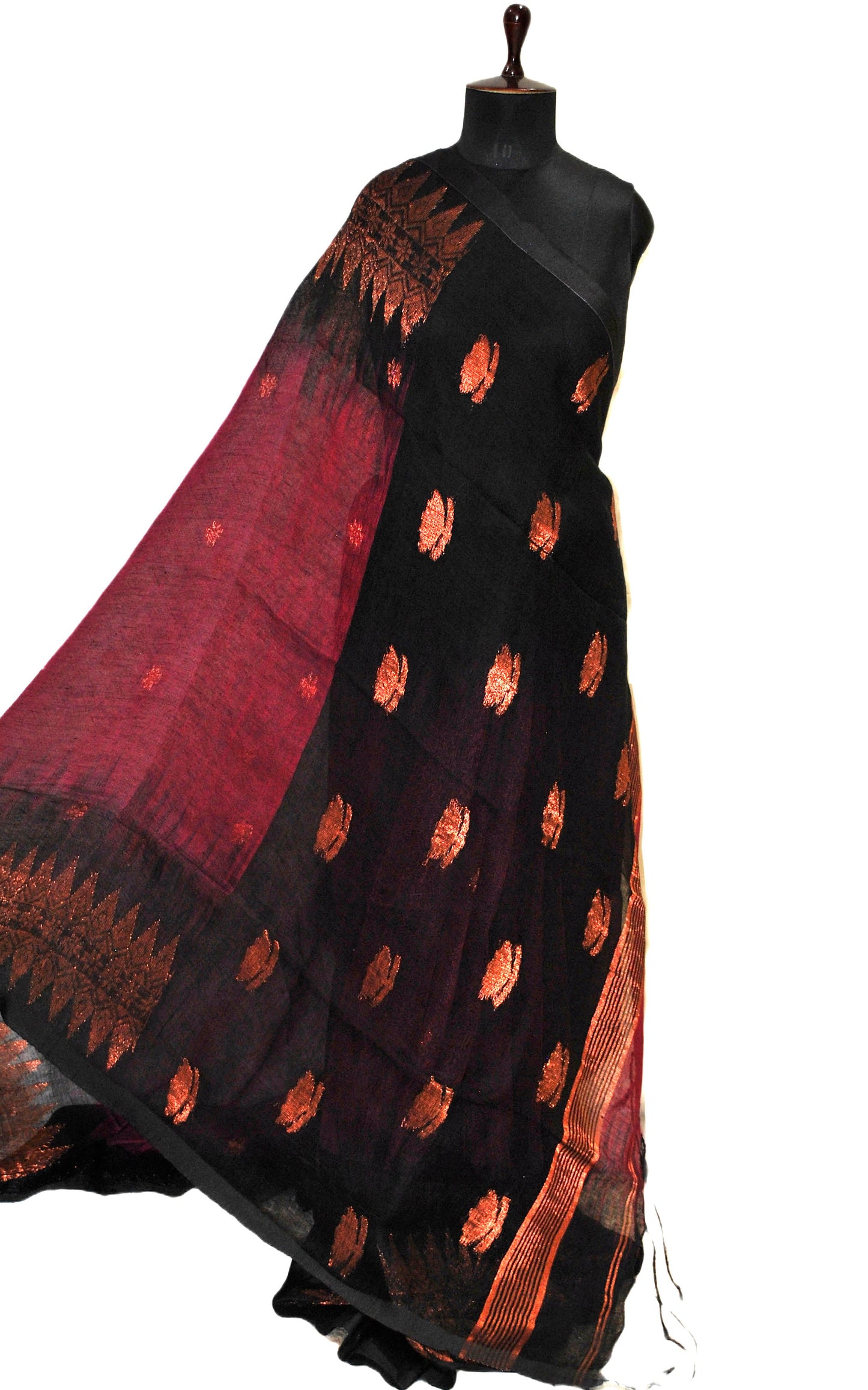 Dual Shaded Handwoven Linen Kanchipuram Saree in Hot Pink, Black and Copper