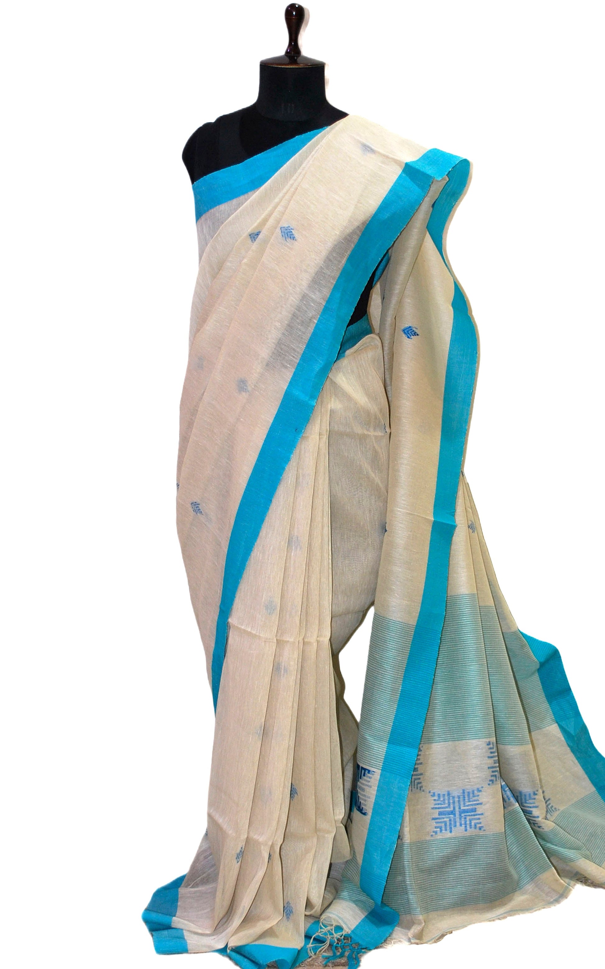 Premium Quality Silk Linen Jamdani Saree in Windham Cream and Cornflower Blue