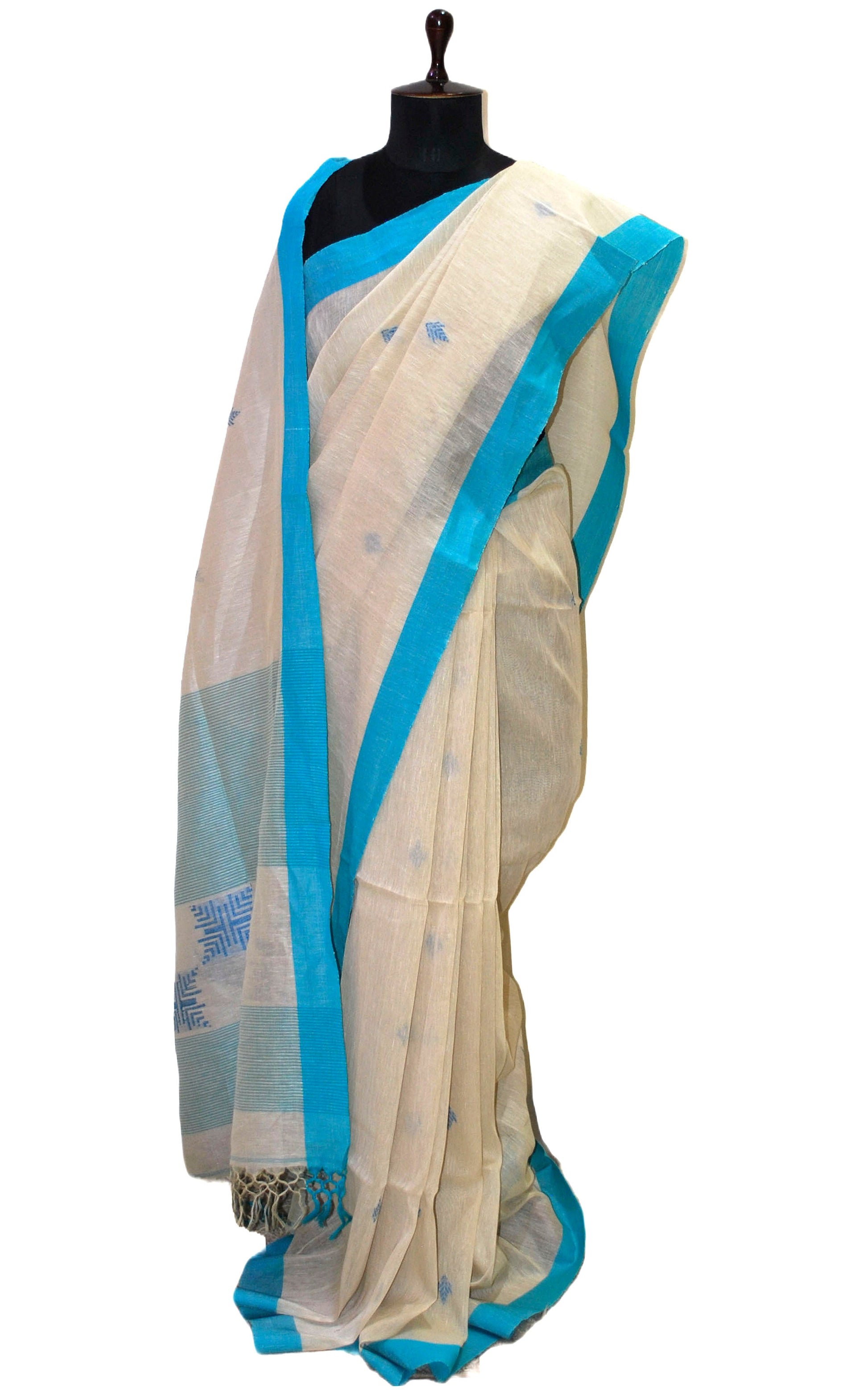 Premium Quality Silk Linen Jamdani Saree in Windham Cream and Cornflower Blue