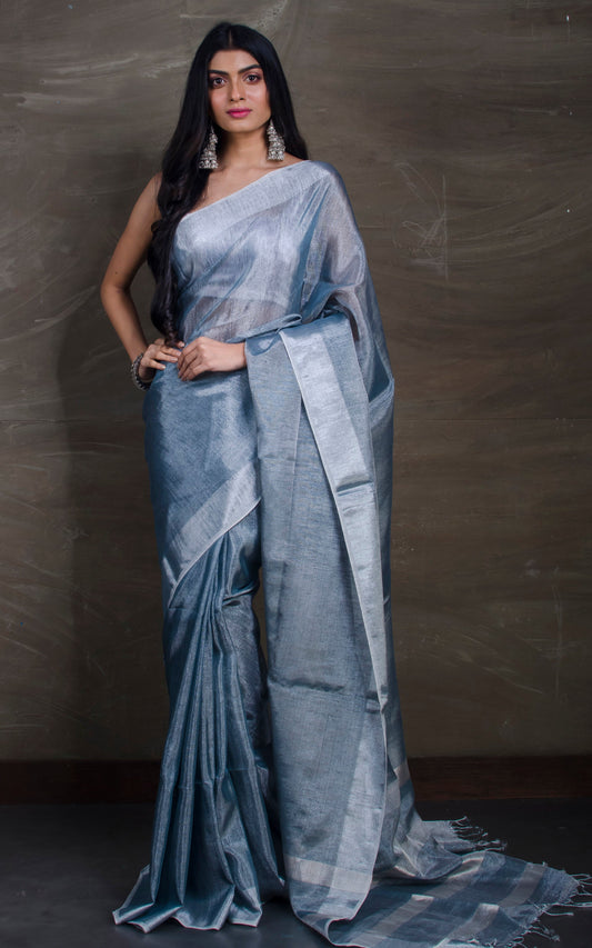 Woven Tissue Linen Saree in Sparkling Silver