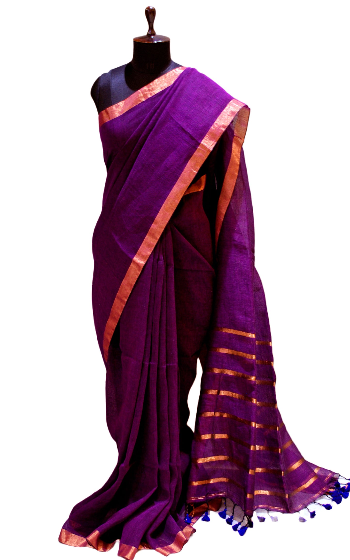 Smart Linen Saree with Stripe Pallu in Purple and Copper Zari