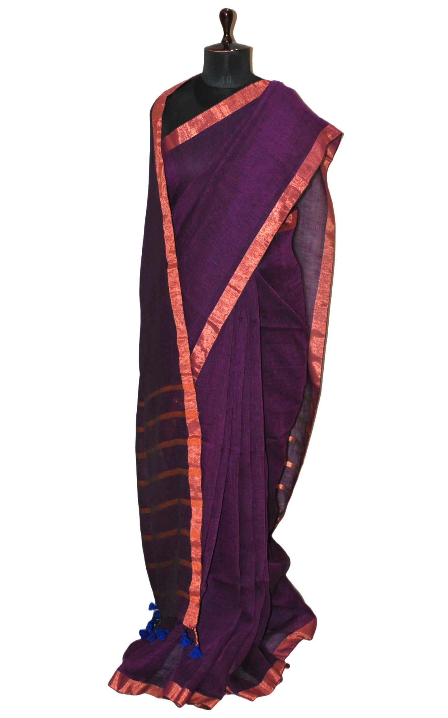 Smart Linen Saree with Stripe Pallu in Purple and Copper Zari