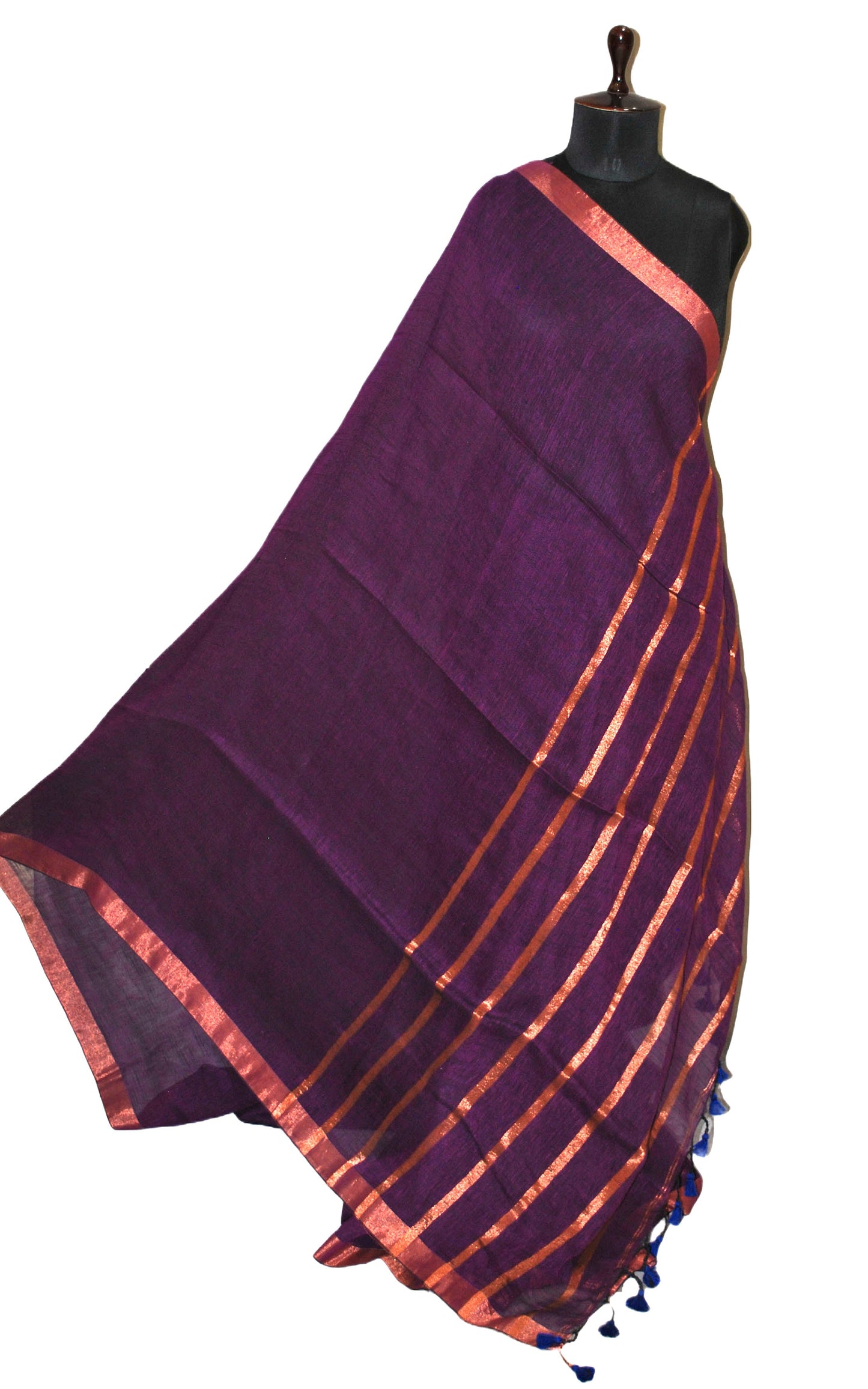 Smart Linen Saree with Stripe Pallu in Purple and Copper Zari