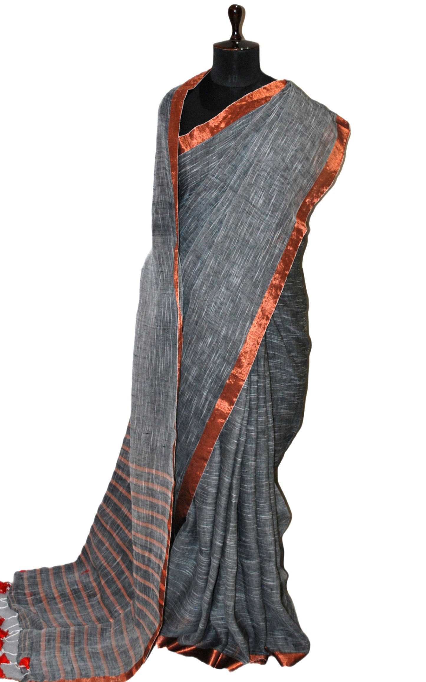 Smart Linen Saree with Stripe Pallu in Steel Grey, Off White and Copper Zari