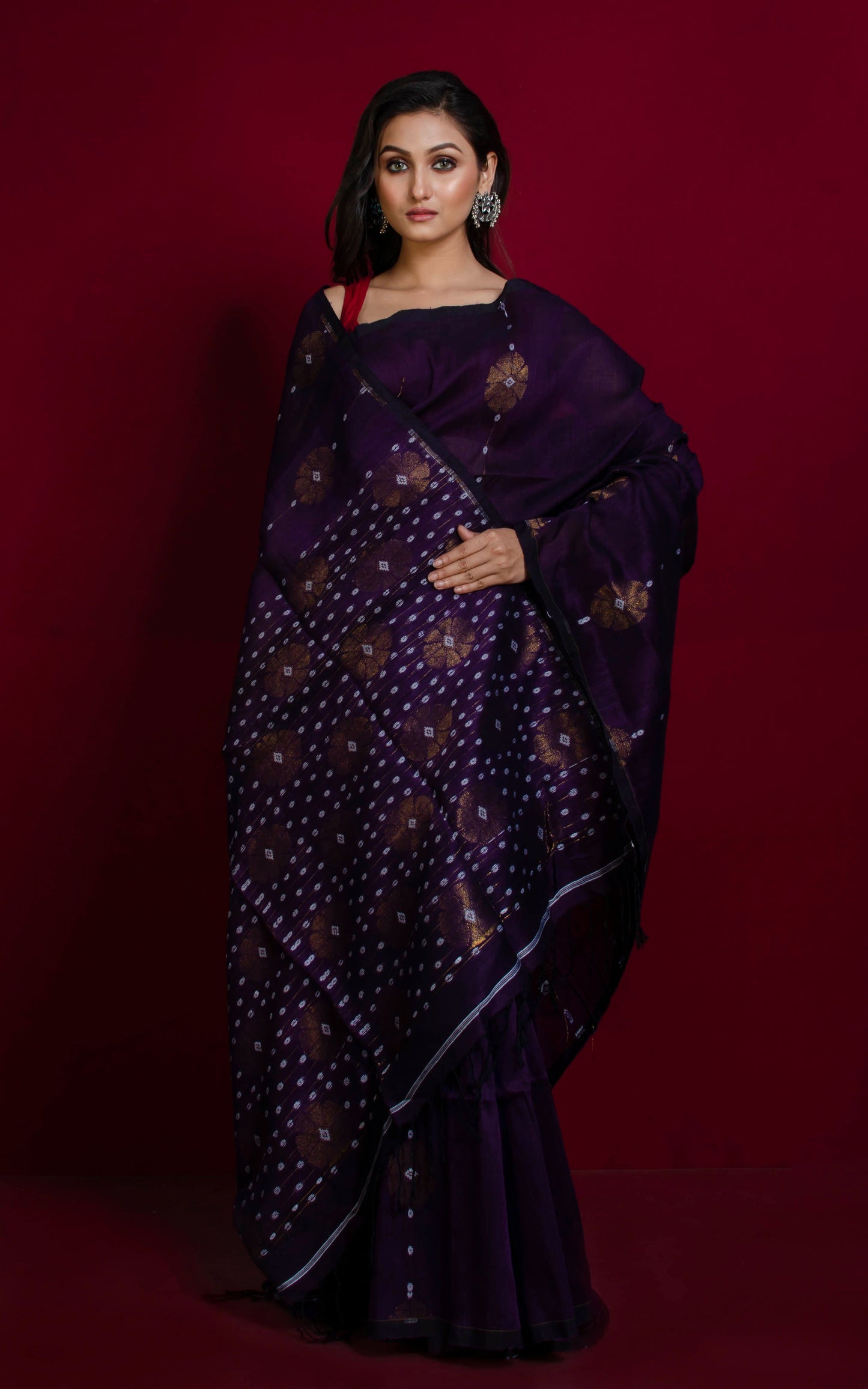 Border less Cotton Linen Banarasi Saree in Dark Purple, White and Antique Gold