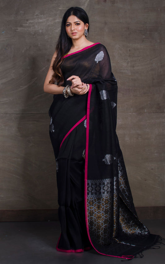 Cotton Linen Banarasi Saree in Zed Black, Hot Pink and Silver, Gold Zari Wok