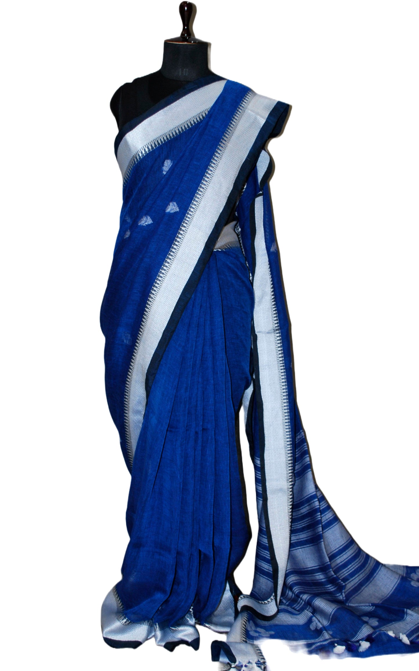 Premium Quality Traditional Linen Jamdani Saree in Denim Blue and Off White