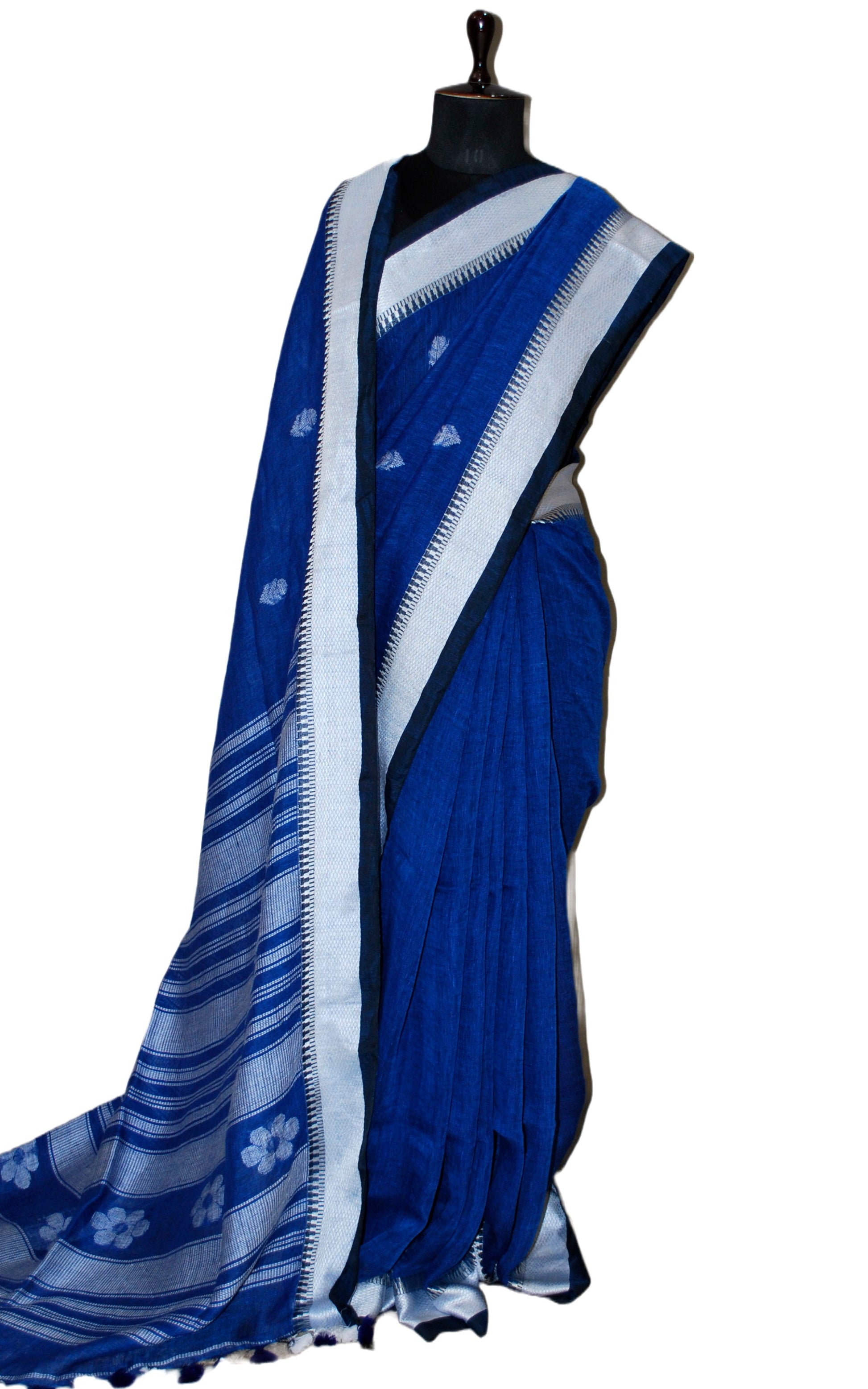 Premium Quality Traditional Linen Jamdani Saree in Denim Blue and Off White