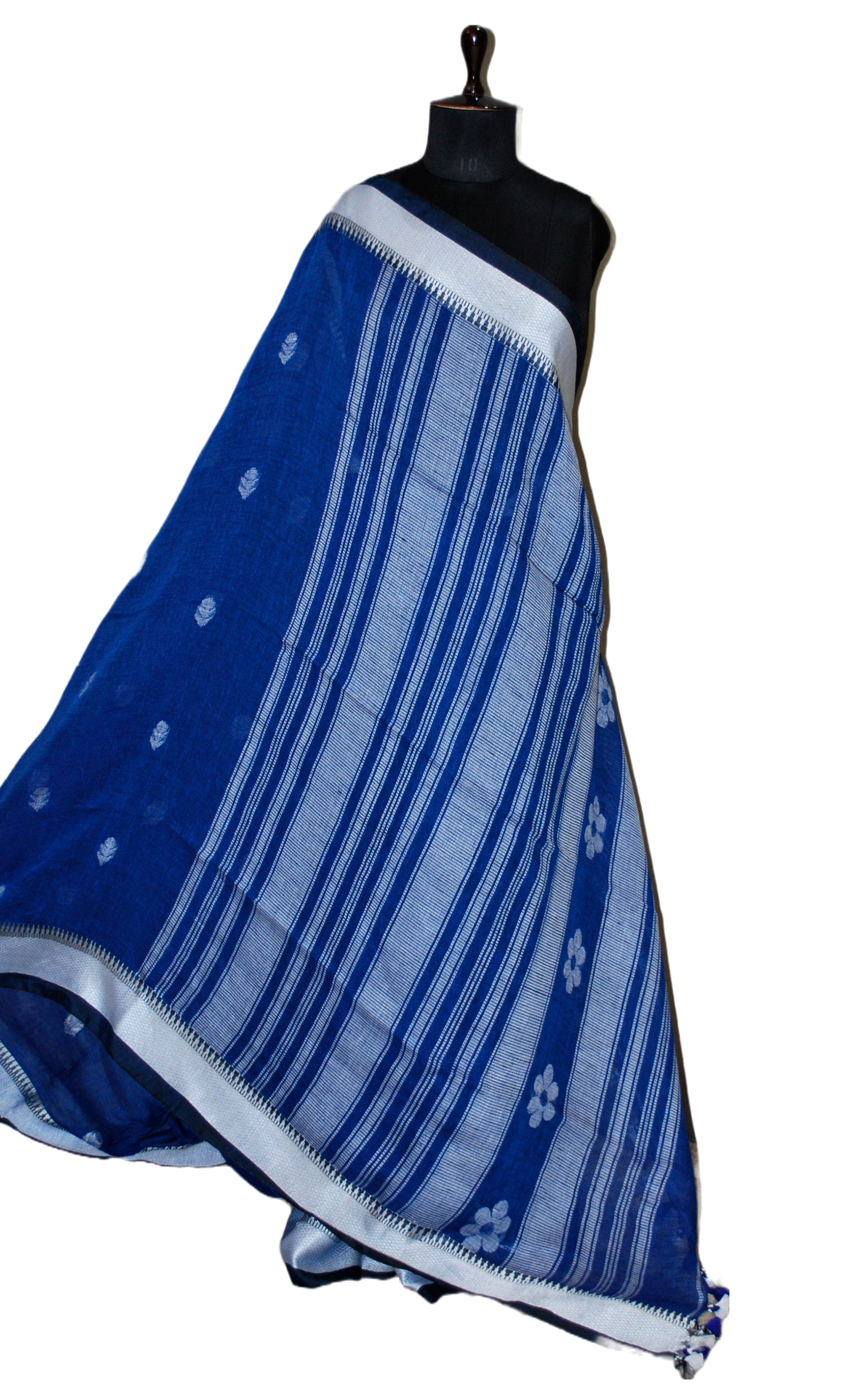 Premium Quality Traditional Linen Jamdani Saree in Denim Blue and Off White