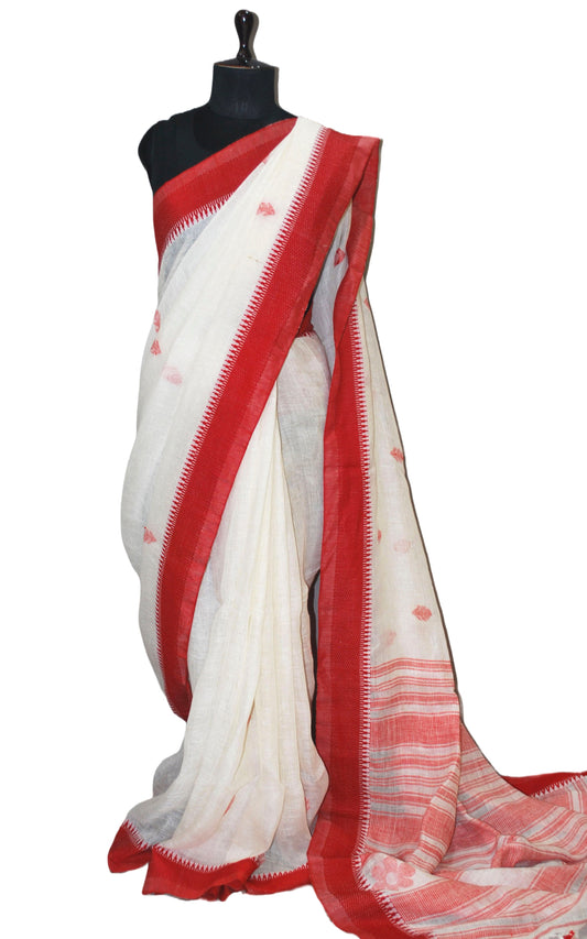 Premium Quality Traditional Linen Jamdani Saree in Off White and Bright Red