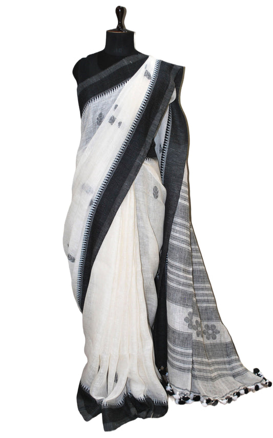 Premium Quality Traditional Linen Jamdani Saree in Off White and Zed Black