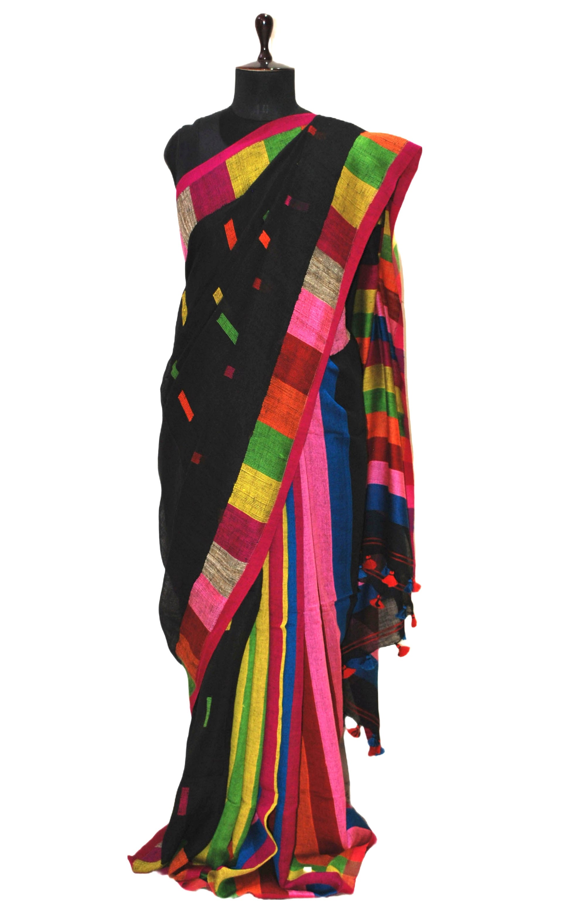 Handloom Rainbow Linen Jamdani Saree in Black