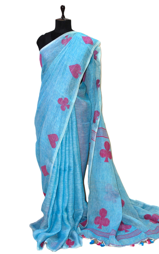 Linen Saree in Denim Blue And Rani