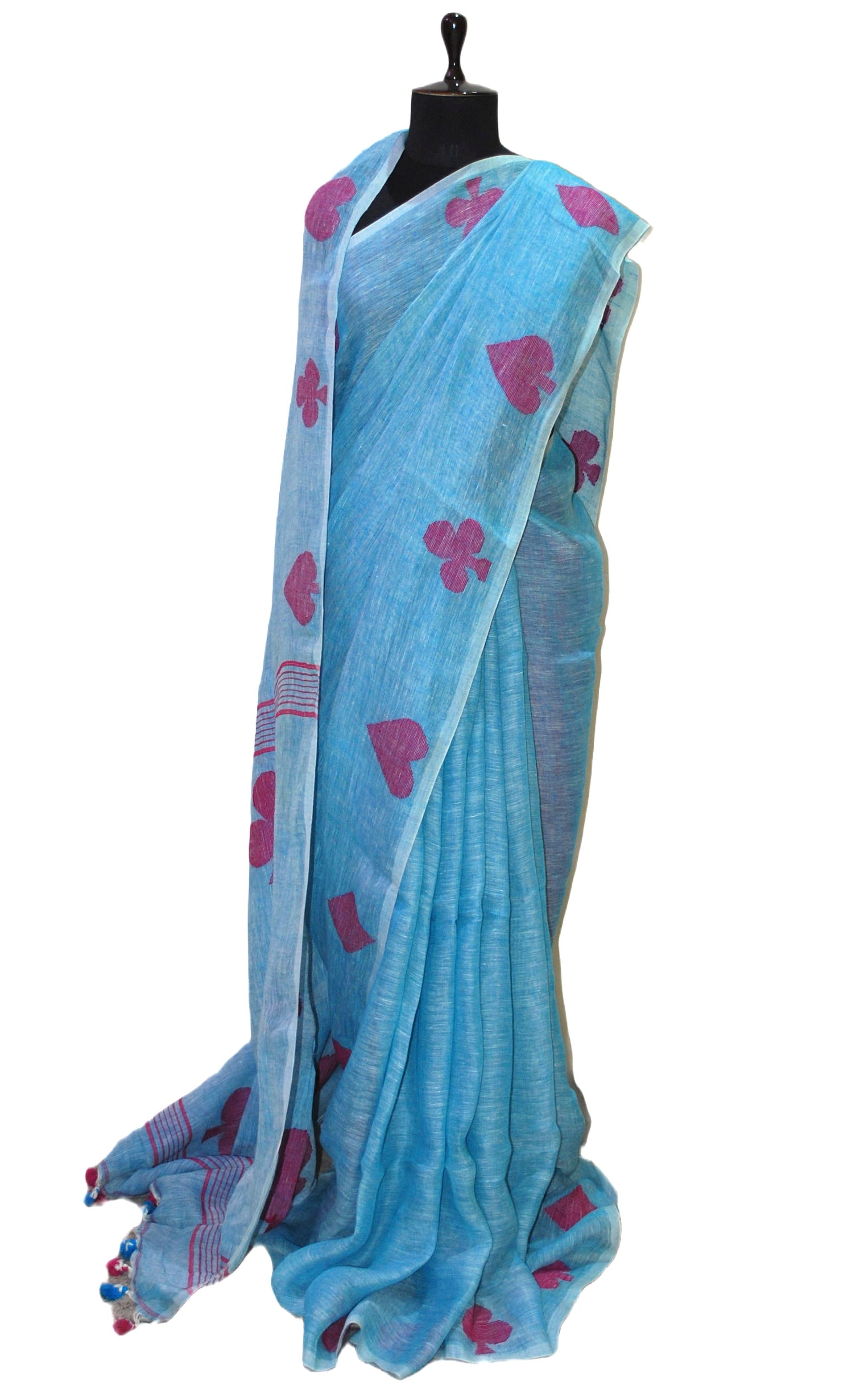 Linen Saree in Denim Blue And Rani