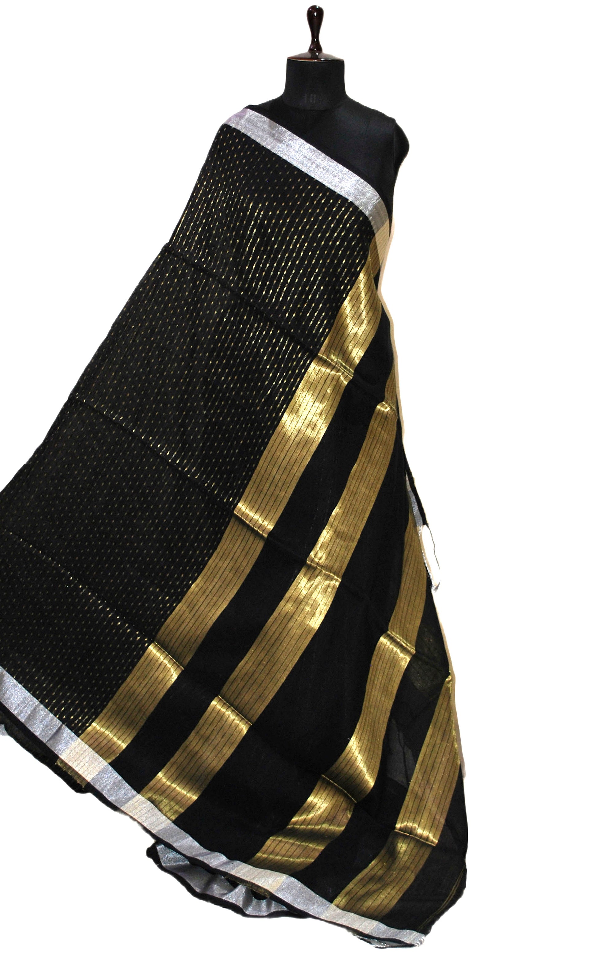 Miniature Polka Machi Butti Linen Banarasi Saree in Black and Silver