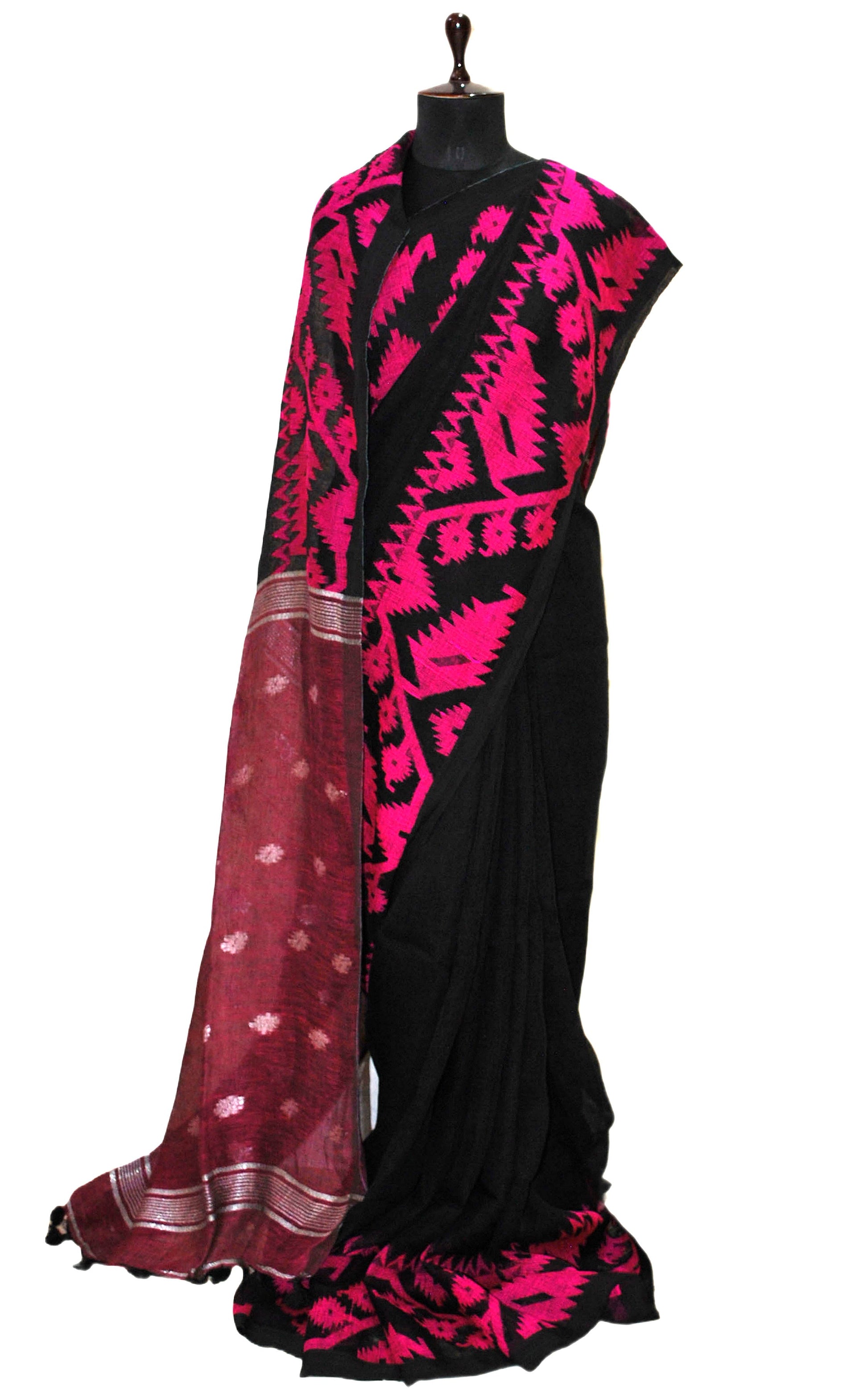 Woven Karat Work Border Linen Jamdani Saree in Black and fuchsia