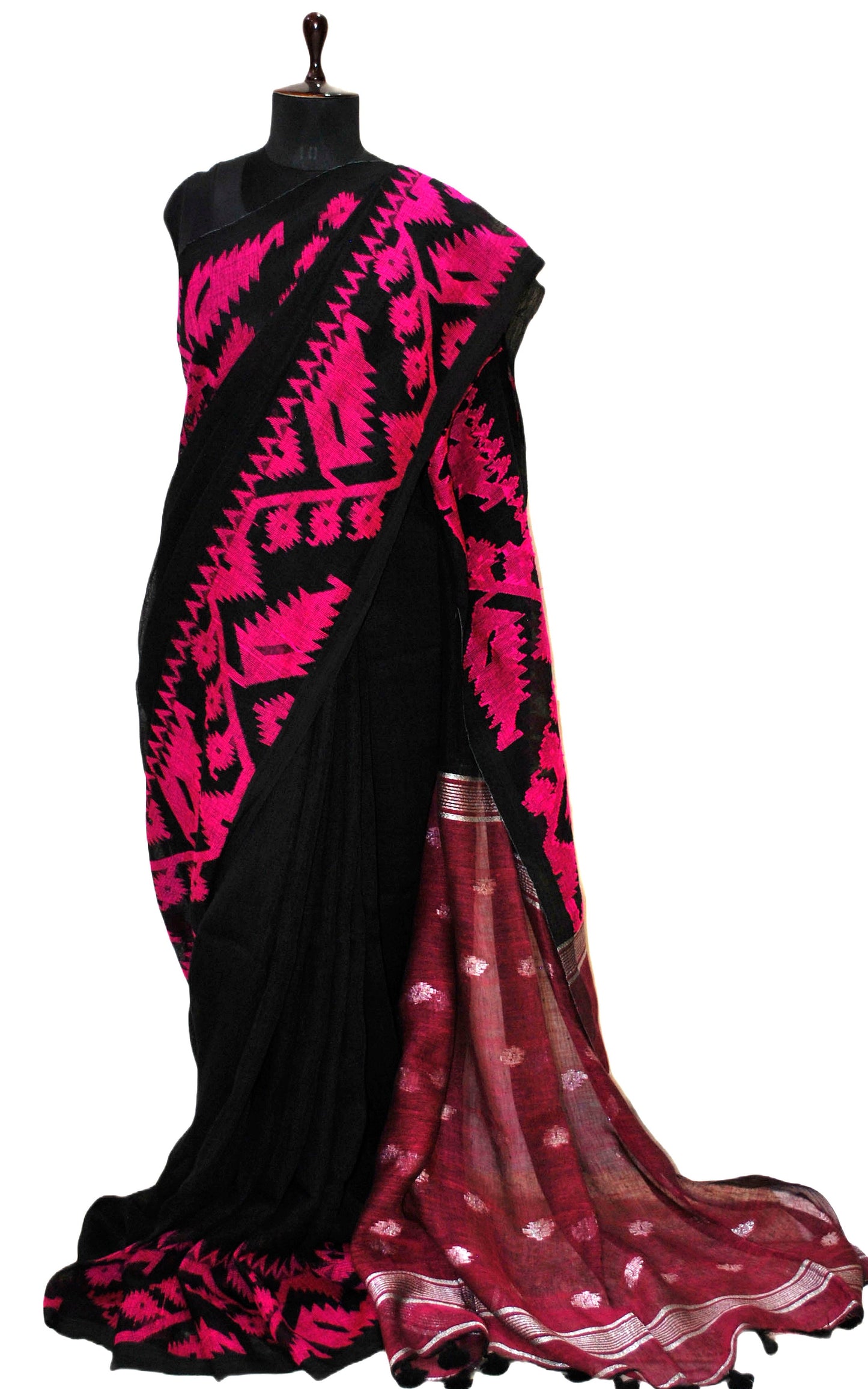 Woven Karat Work Border Linen Jamdani Saree in Black and fuchsia