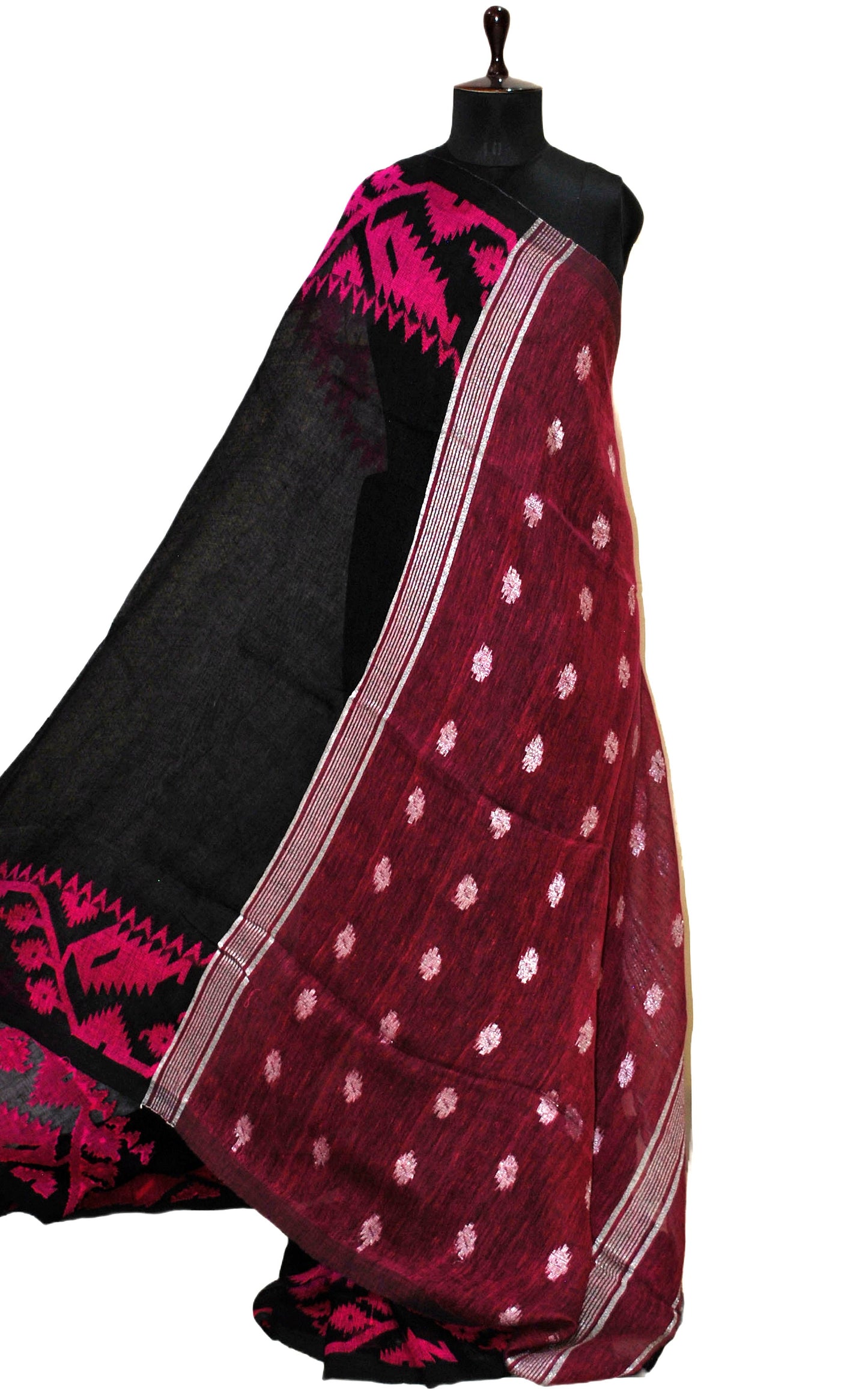 Woven Karat Work Border Linen Jamdani Saree in Black and fuchsia