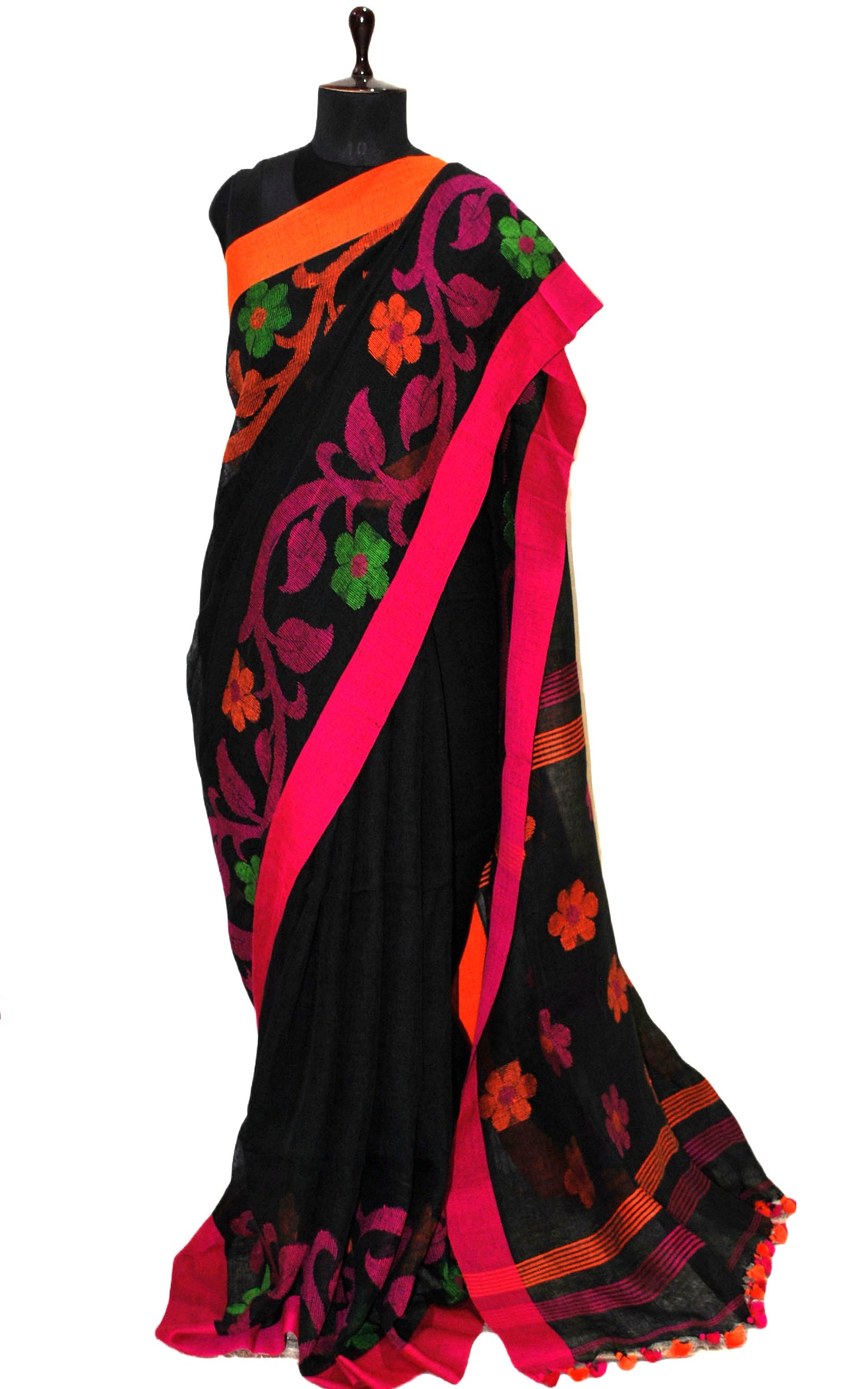 Pure Handloom Linen Jamdani Saree in Black and Multicolored