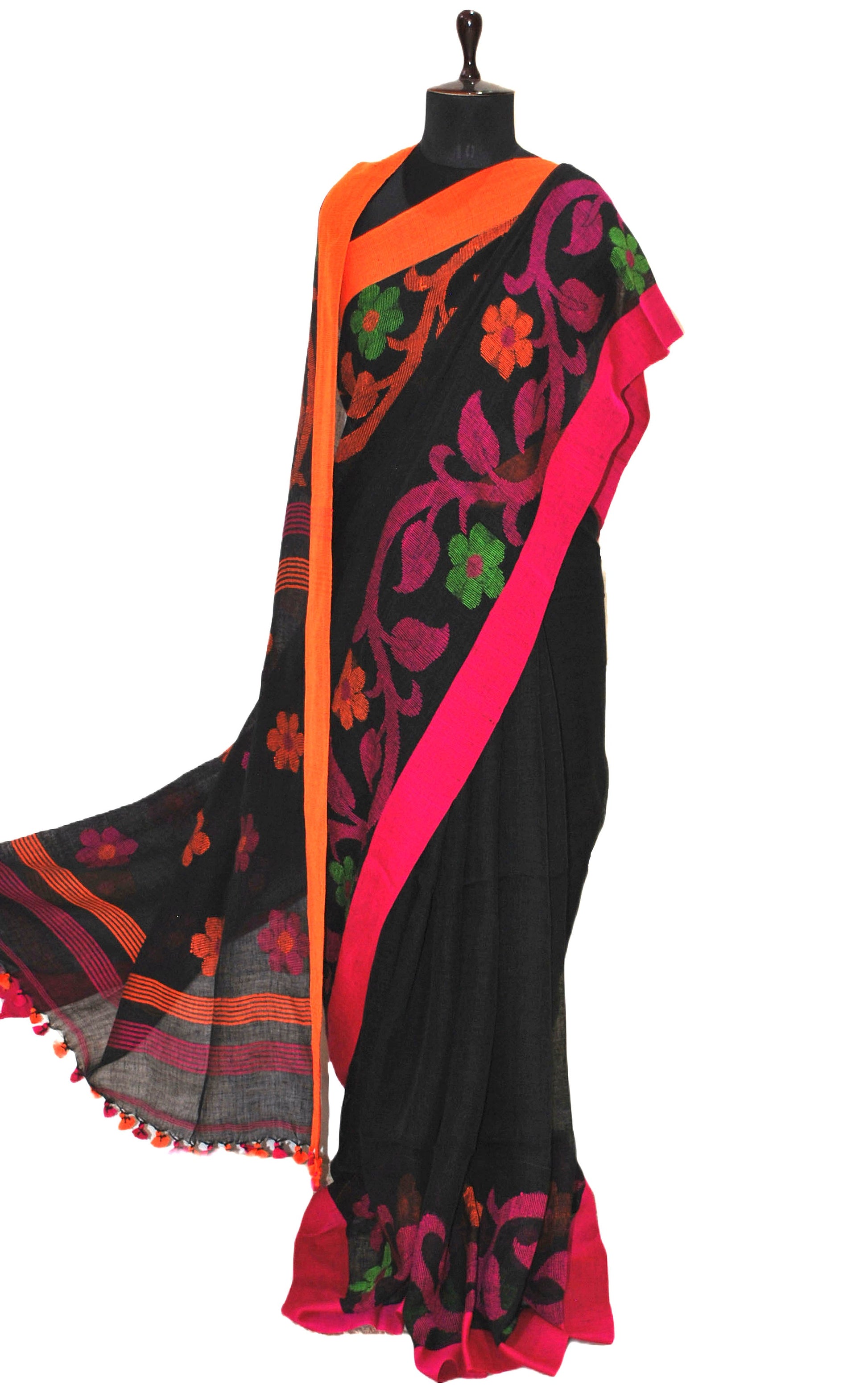 Pure Handloom Linen Jamdani Saree in Black and Multicolored