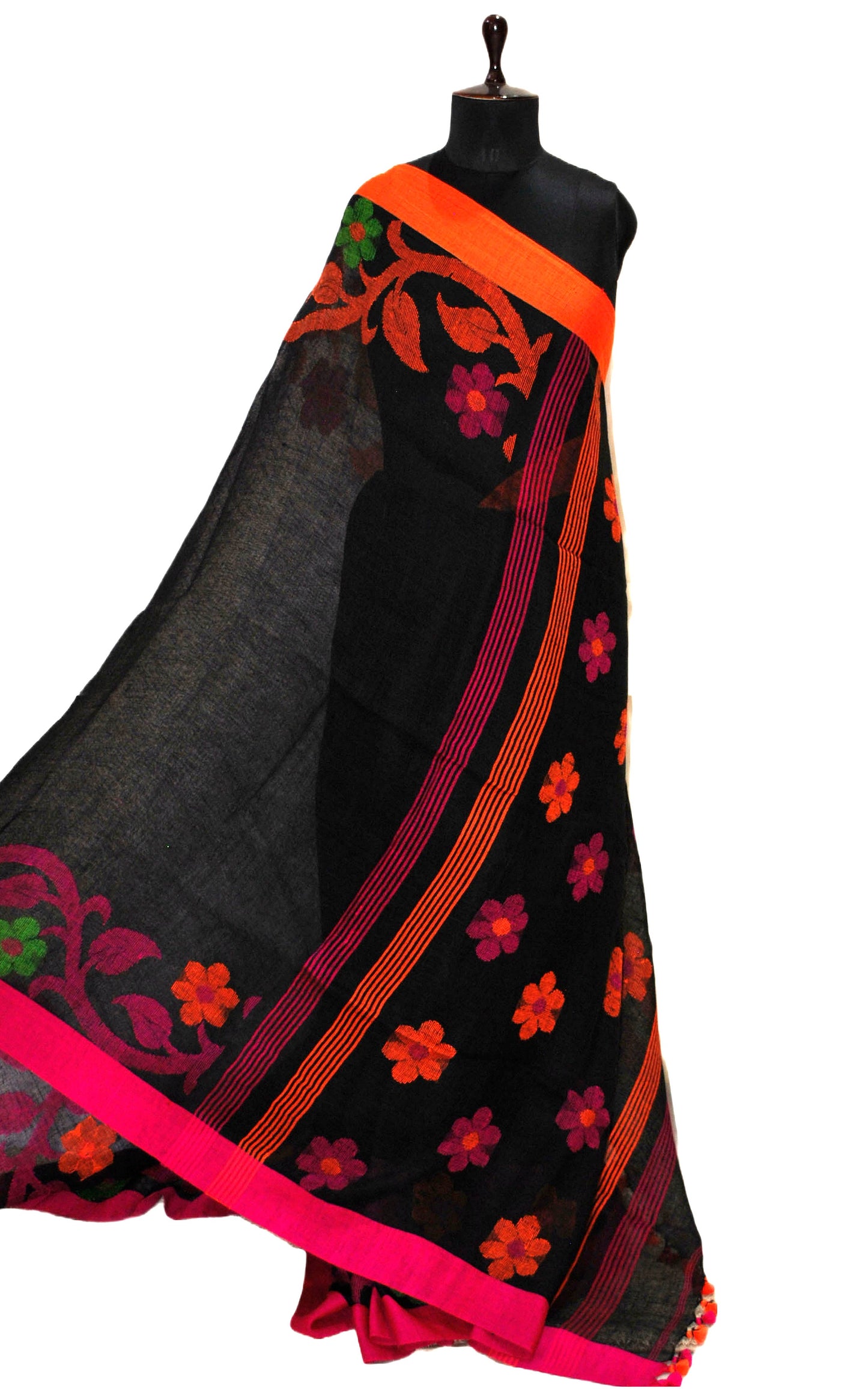 Pure Handloom Linen Jamdani Saree in Black and Multicolored