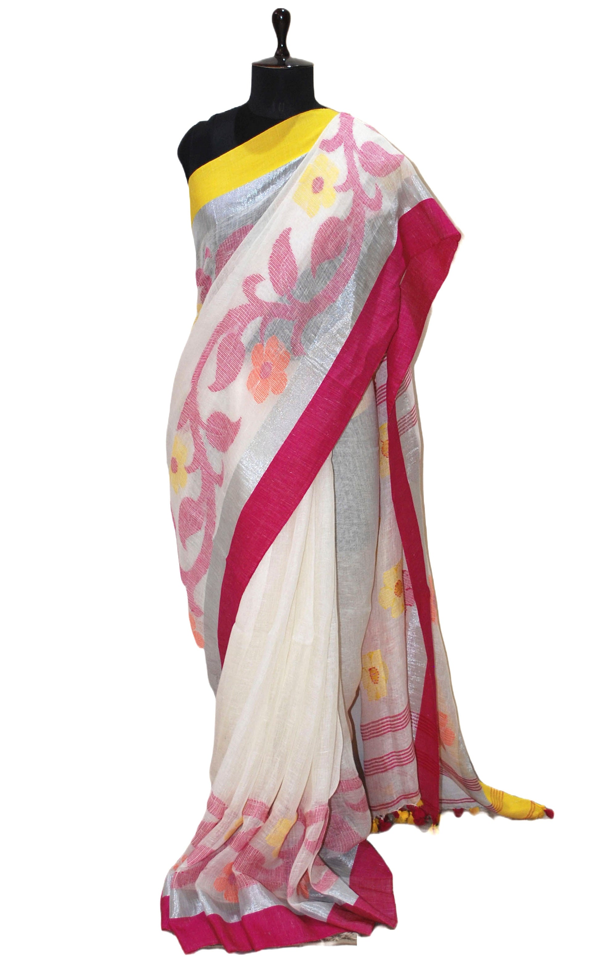 Pure Handloom Linen Jamdani Saree in Off White and Multicolored