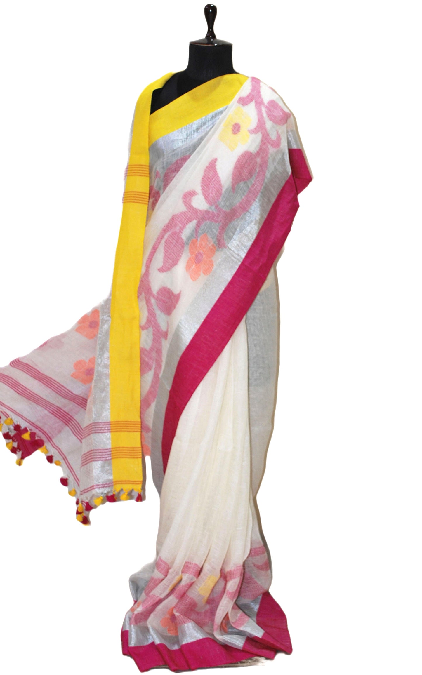 Pure Handloom Linen Jamdani Saree in Off White and Multicolored