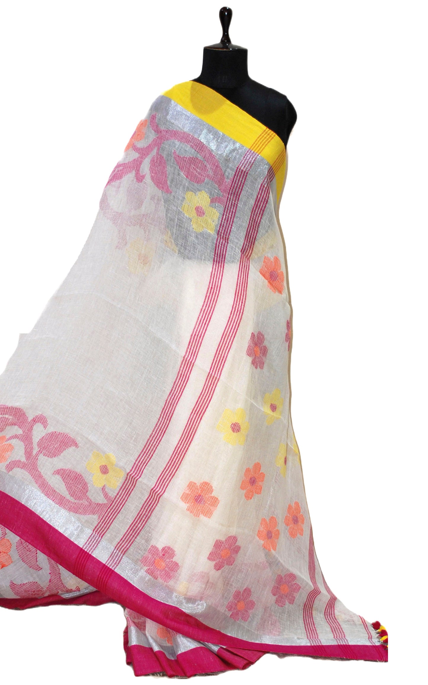 Pure Handloom Linen Jamdani Saree in Off White and Multicolored