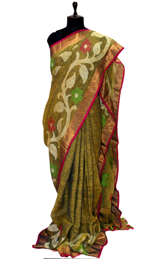 Pure Handloom Linen Jamdani Saree in Moss Green and Deep Peach