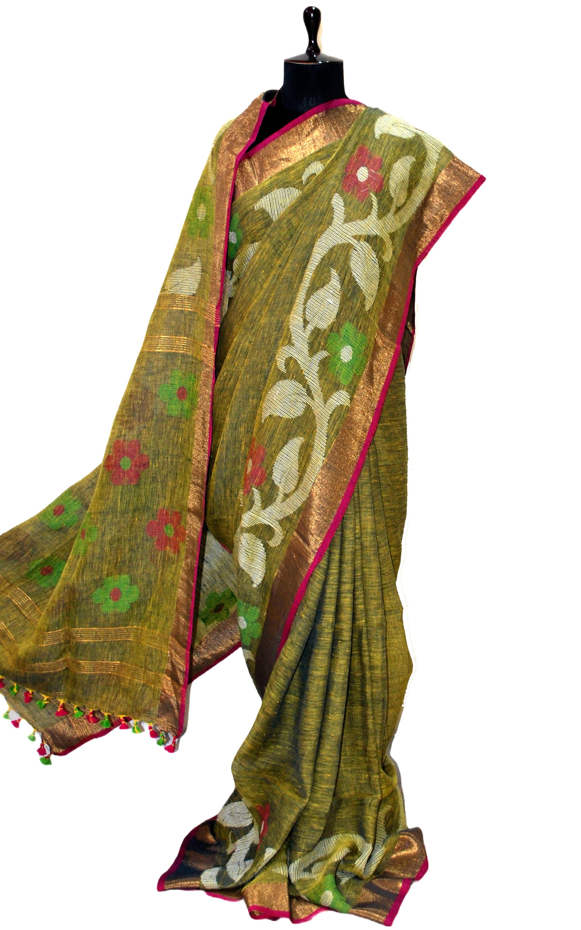 Pure Handloom Linen Jamdani Saree in Moss Green and Deep Peach