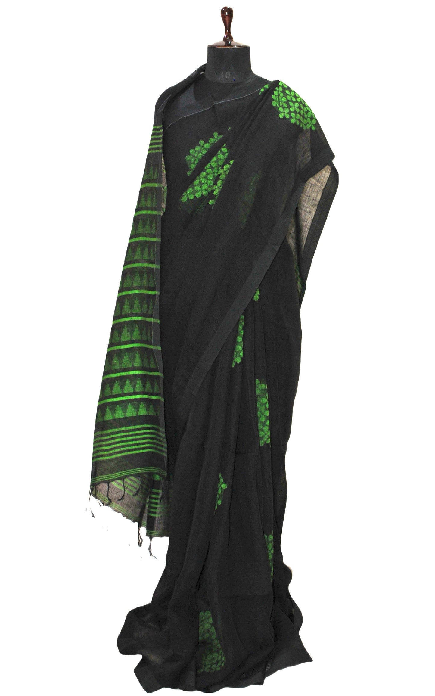 Pure Handloom Linen Jamdani Saree in Black and Green Thread Work