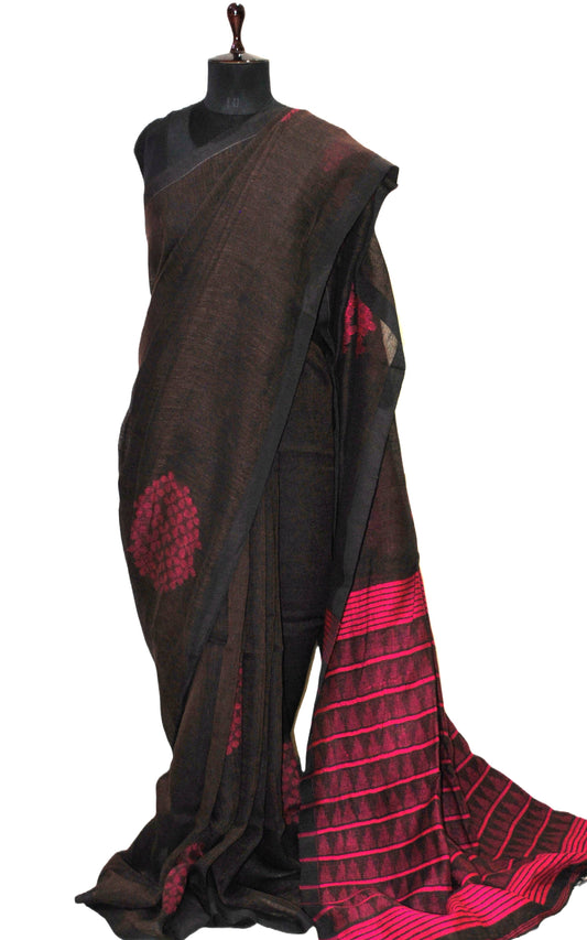 Pure Handloom Linen Jamdani Saree in Dark Brown and Hot Pink