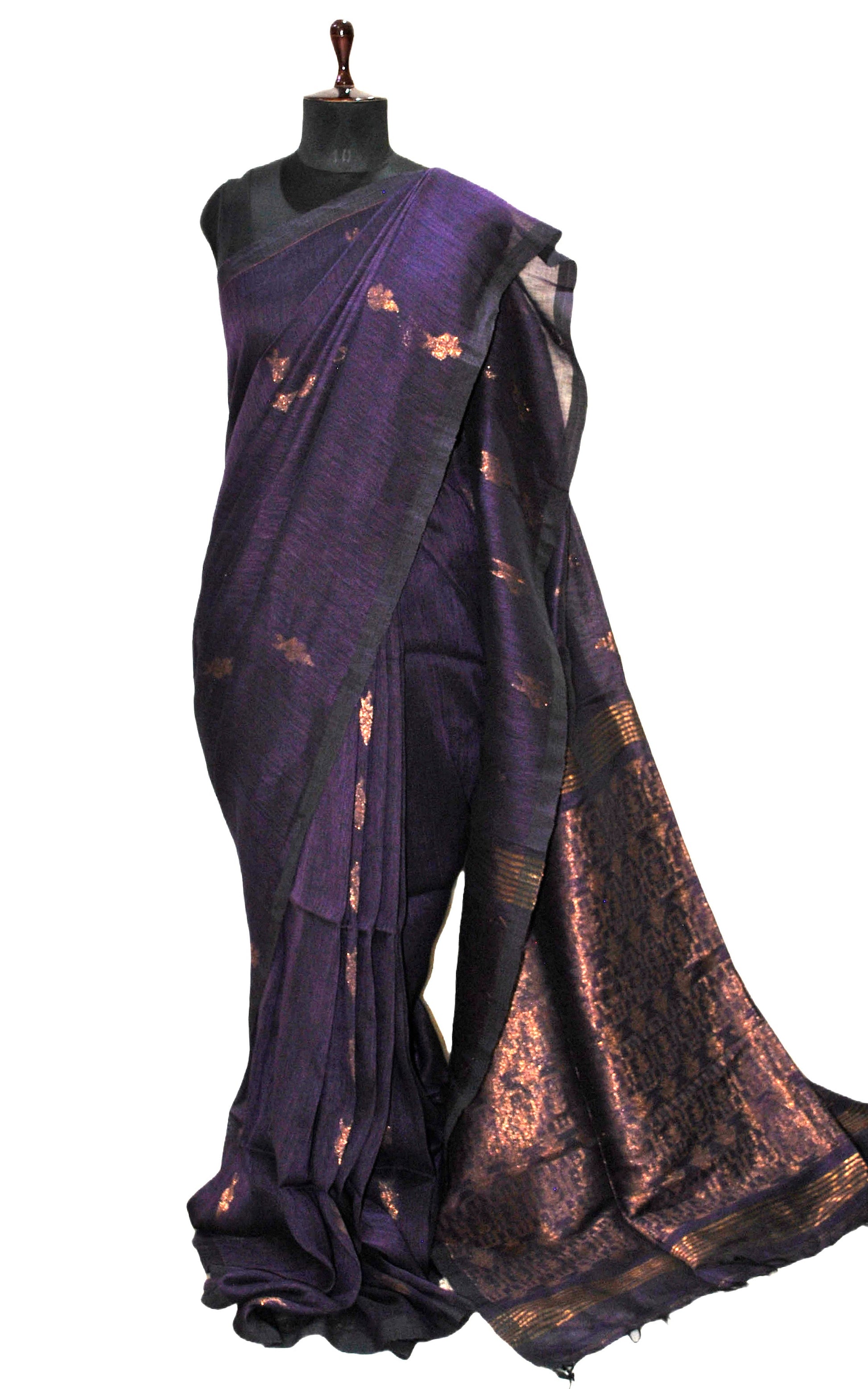 Handwoven Cotton Linen Banarasi Saree in Eggplant Purple and Antique Gold Zari Work