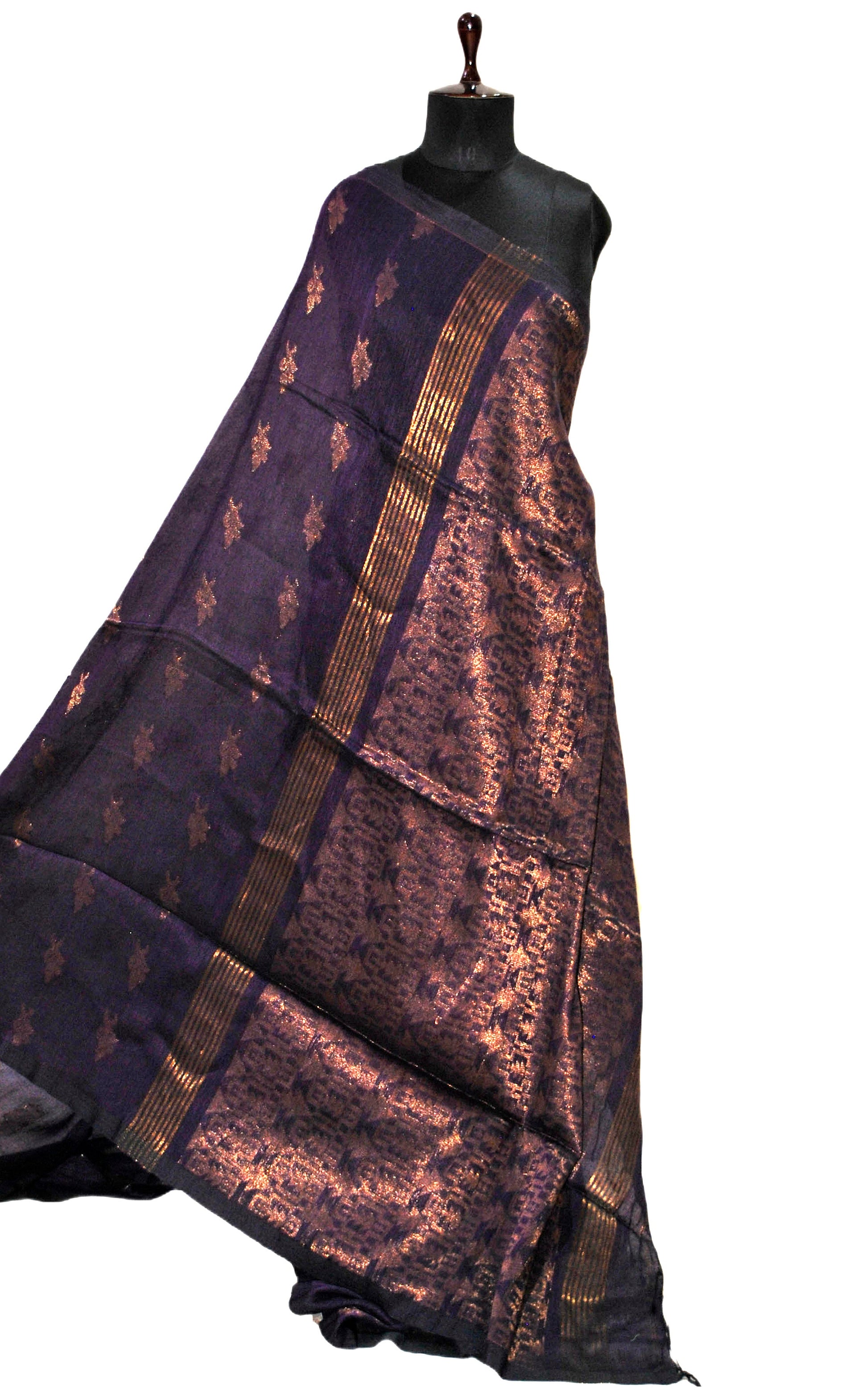 Handwoven Cotton Linen Banarasi Saree in Eggplant Purple and Antique Gold Zari Work