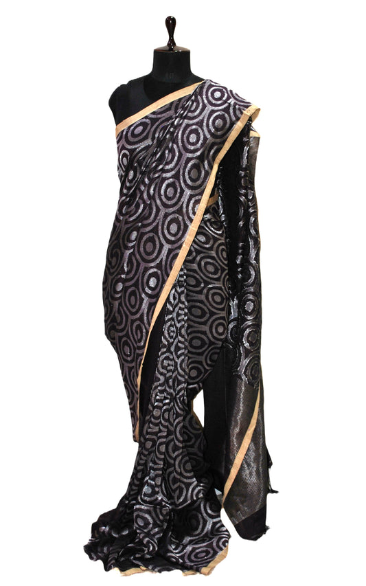 Chakram Motif Designer Brocade Linen Saree in Dark Burgundy and Silver