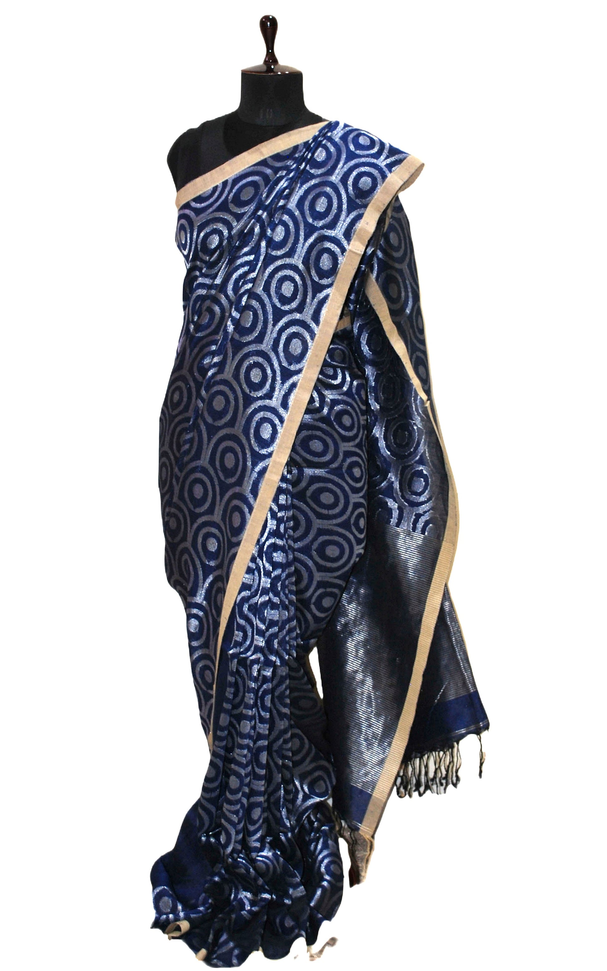 Chakram Motif Designer Brocade Linen Saree in Midnight Blue and Silver